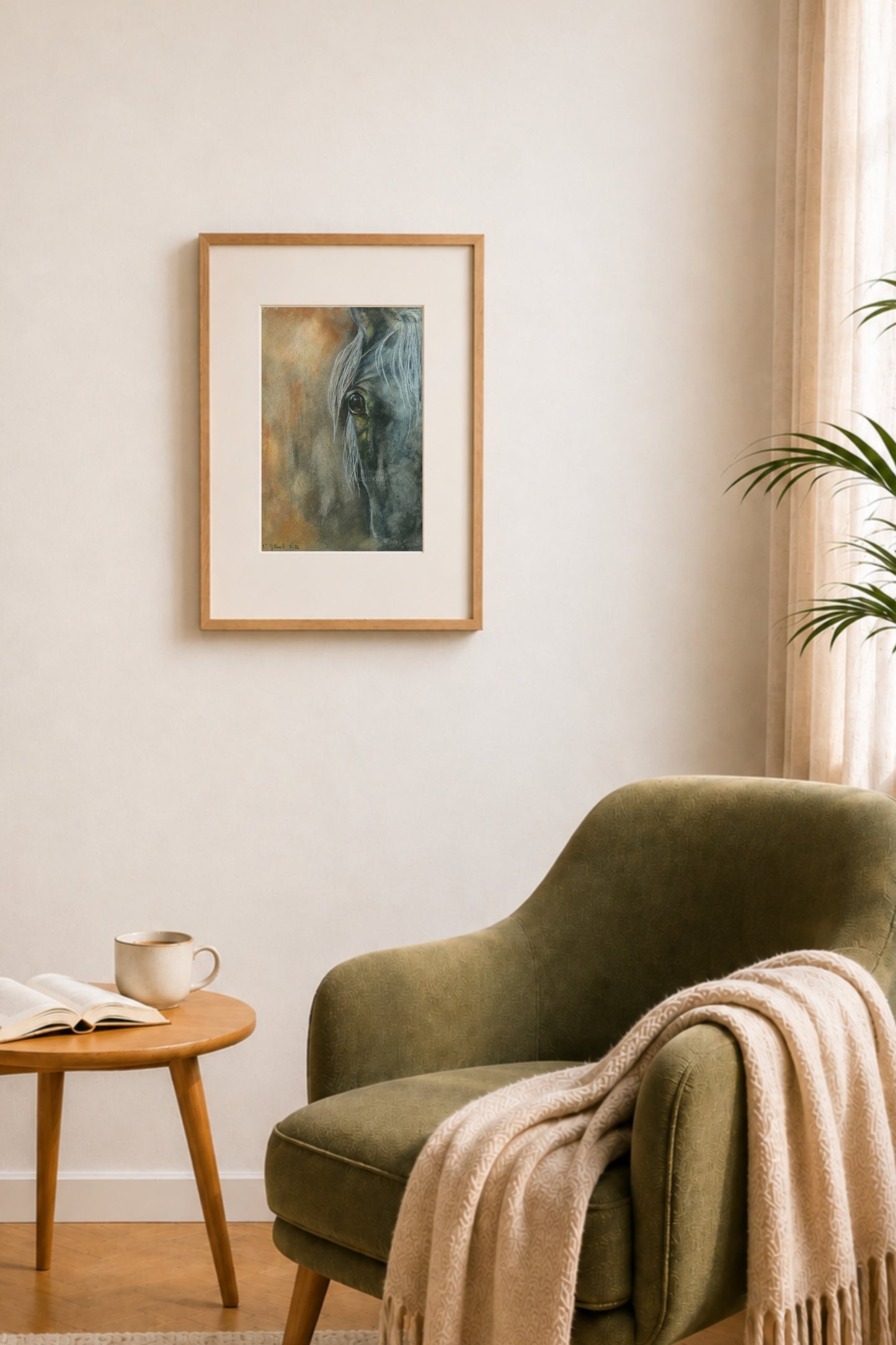Fine Art Print "Begegnung" mit einem Schimmel von Nicole Göbel als Wandbild im Wohnraum.