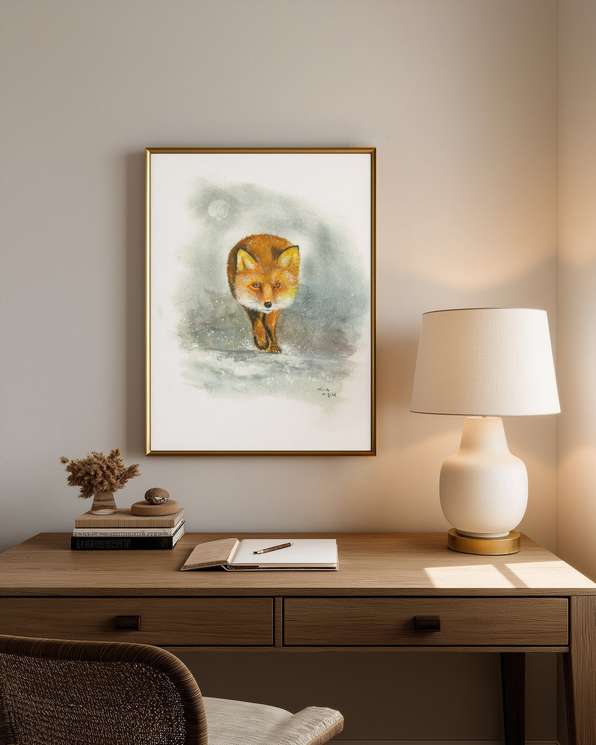 Fine Art Print nach dem Aquarell
„Bedacht“ von Nicole Göbel im Rahmen an einer Wand, Raumansicht KI-generiert