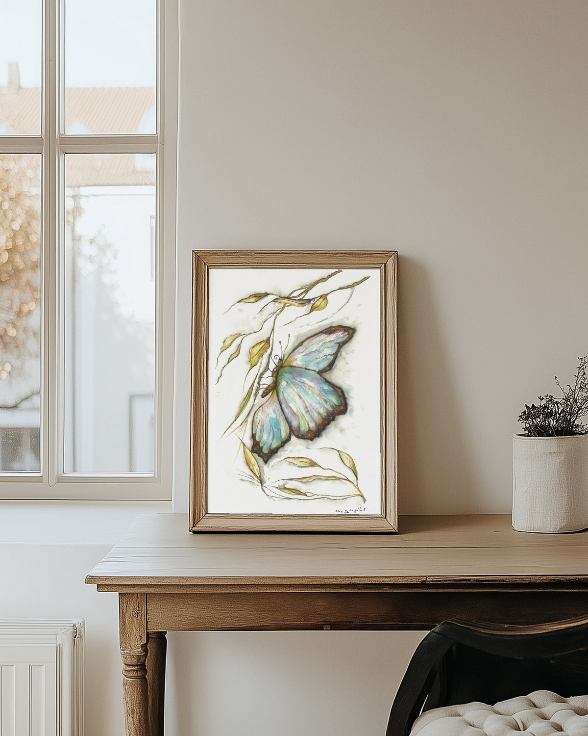 Fine Art Print nach dem Aquarell
„Mühelos“ von Nicole Göbel im Rahmen an einer Wand, Raumansicht KI-generiert