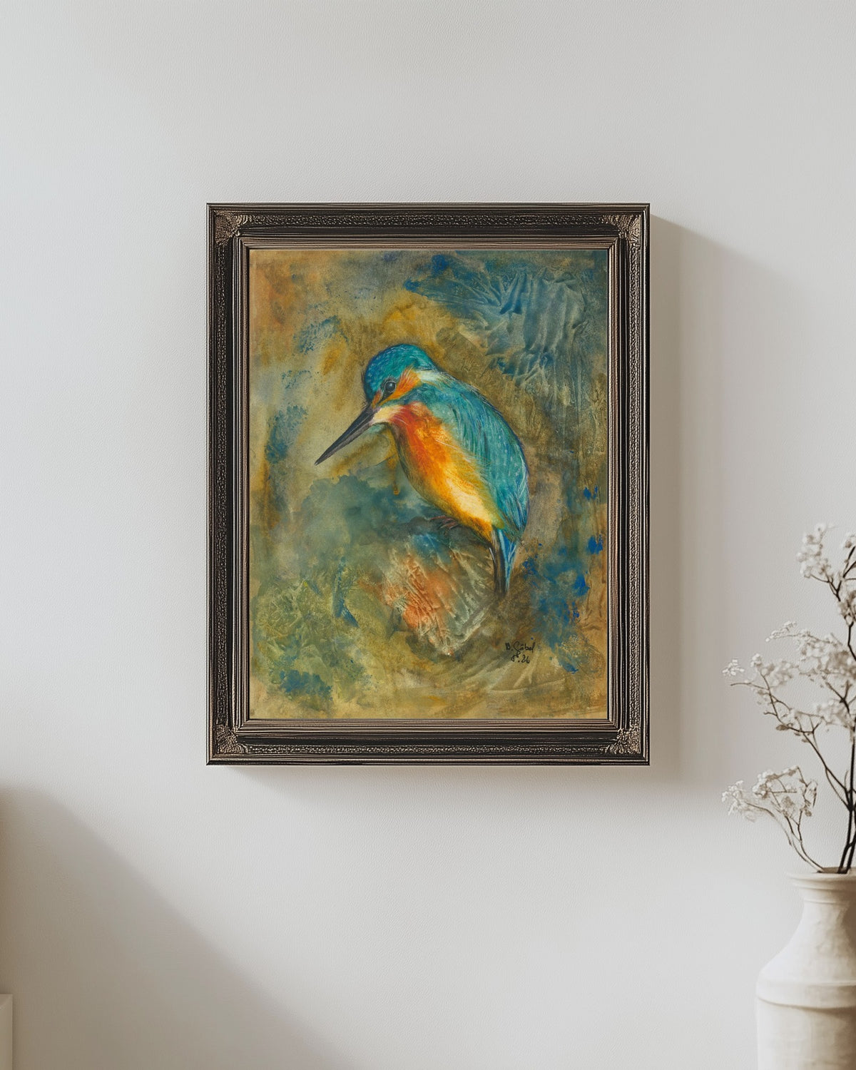 Fine Art Print nach dem Aquarell „Klarsicht“ von Nicole Göbel im Rahmen an einer Wand, Raumansicht KI-generiert