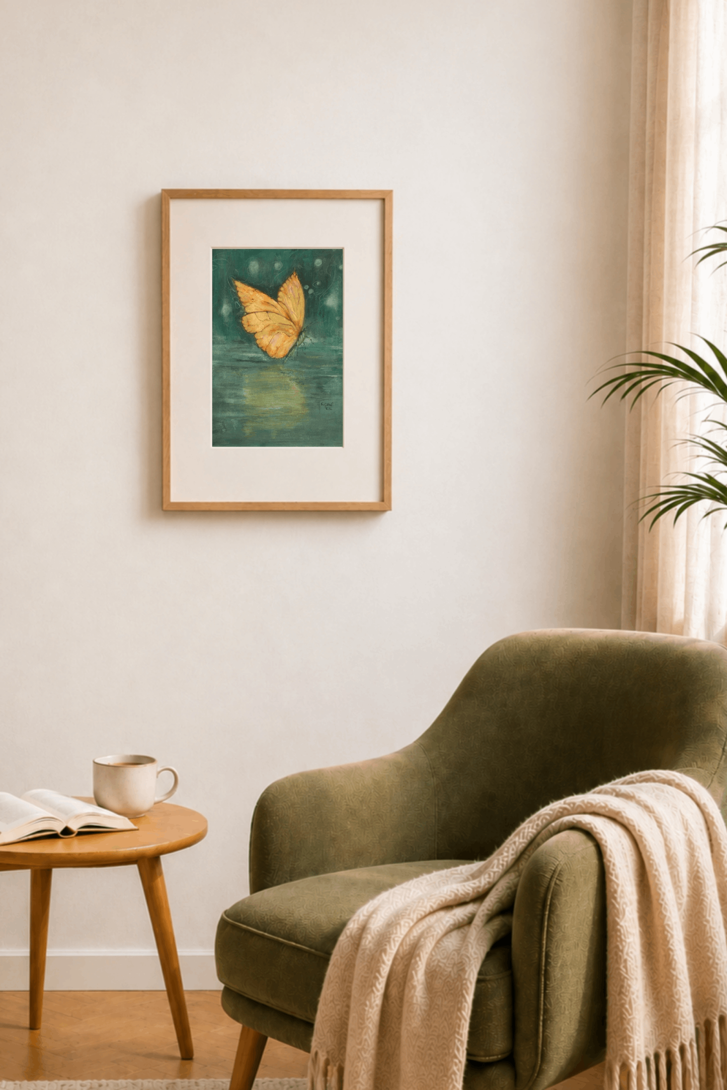 Mockup Schmetterling Aquarell Schimmer im Wohnraum