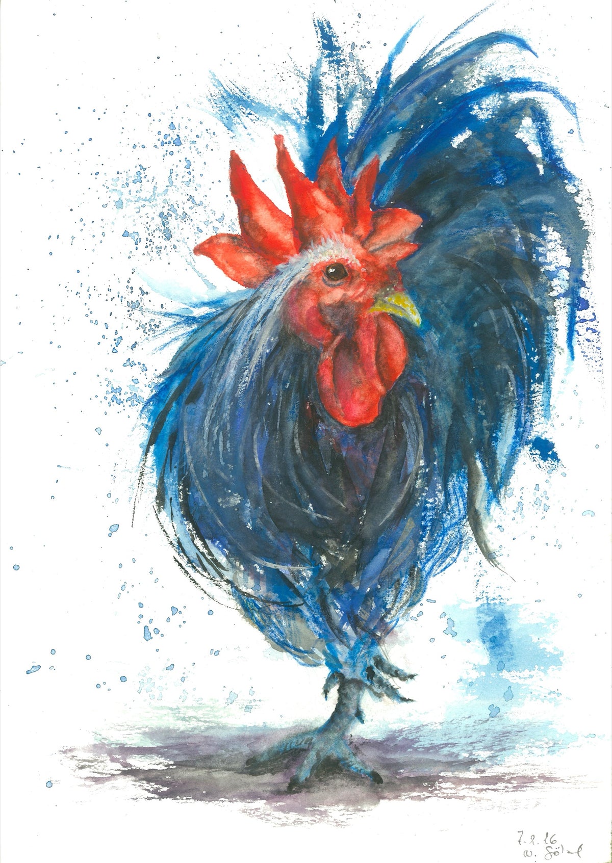 Fine Art Print nach dem Aquarell „Aufbruch“ von Nicole Göbel: blauer Hahn im seitlichen Porträt