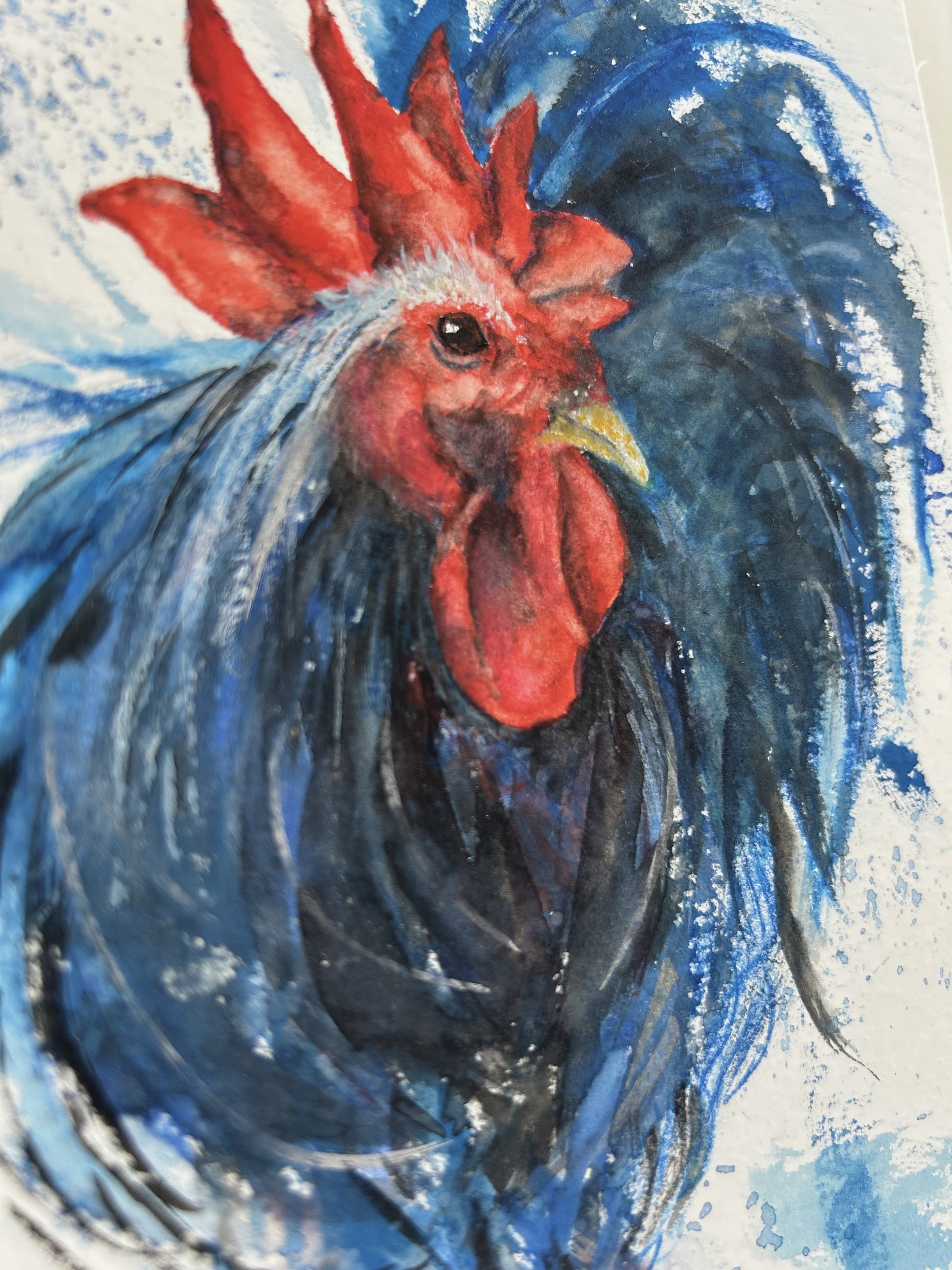 Detailaufnahme der Originalkunst blauer Hahn als Aquarell "Aufbruch" von Nicole Göbel.