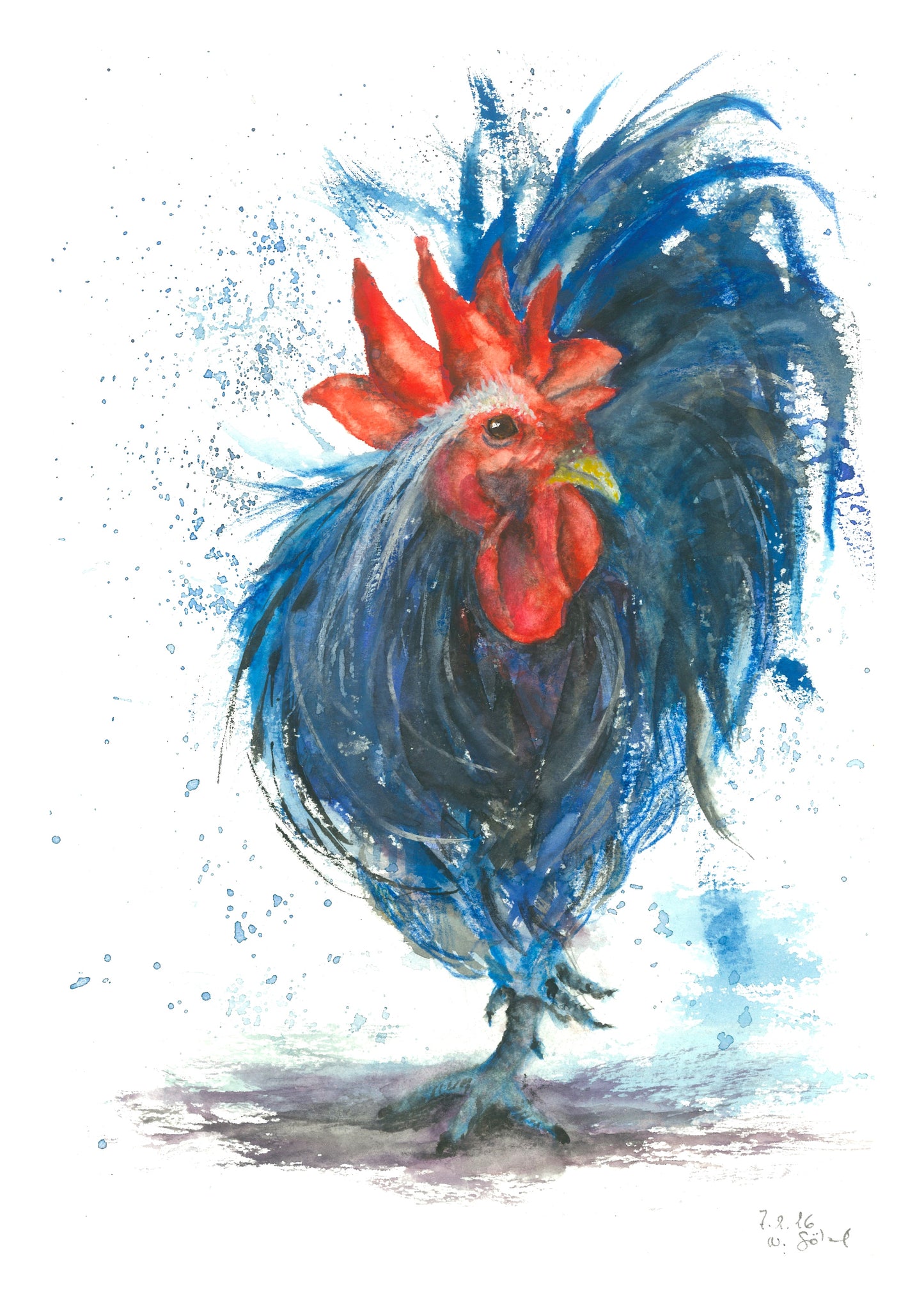 Fine Art Print von einem blauen Hahn Aquarell Aufbruch, Kunstdruck mit weißem Rand