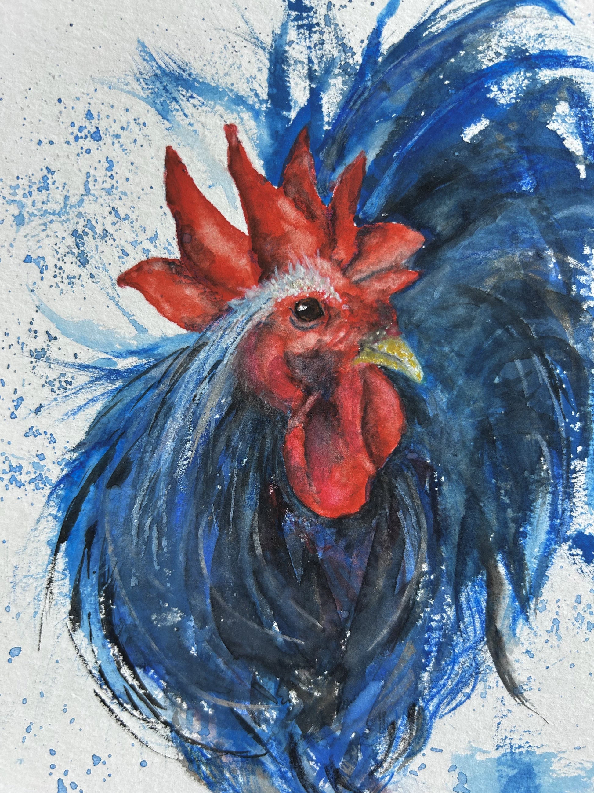 Originalkunst blauer Hahn als Aquarell "Aufbruch" von Nicole Göbel.