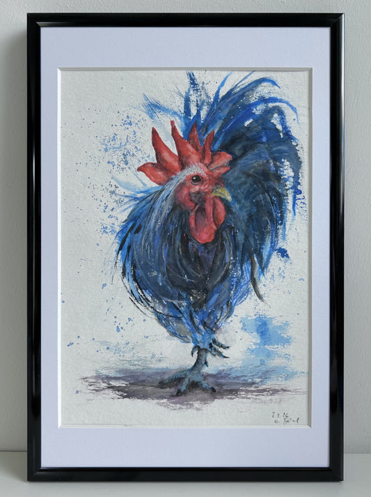 Originalkunst blauer Hahn als Aquarell "Aufbruch" von Nicole Göbel im Rahmen.