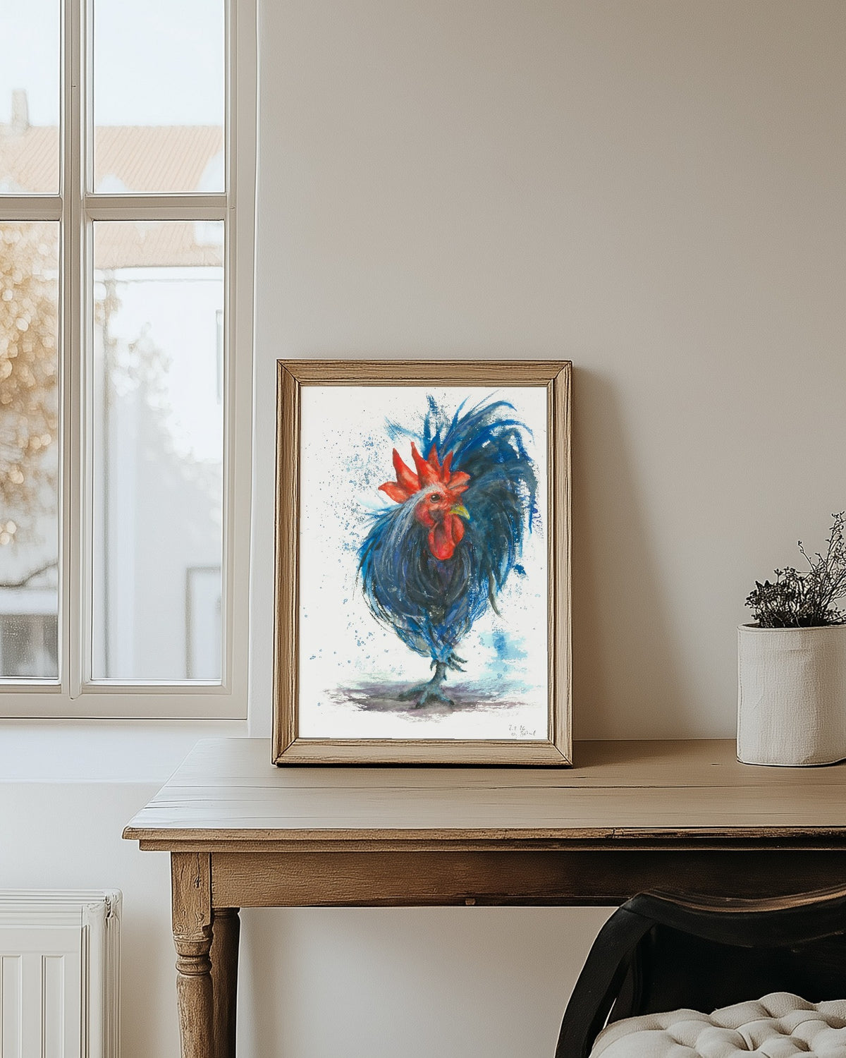 Fine Art Print nach dem Aquarell „Aufbruch“ von Nicole Göbel im Rahmen an einer Wand, Raumansicht KI-generiert