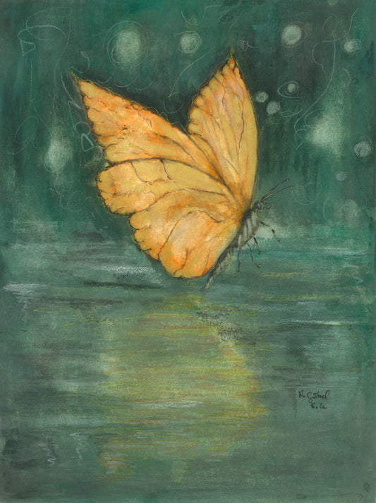 Fine Art Print nach dem Aquarell „Schimmer“ von Nicole Göbel: goldener Schmetterling auf petrolgrünem Grund