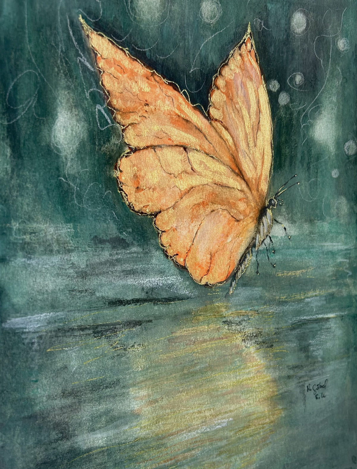 Detailaufnahme der Originalkunst Schmetterling als Aquarell "Schimmer" von Nicole Göbel.