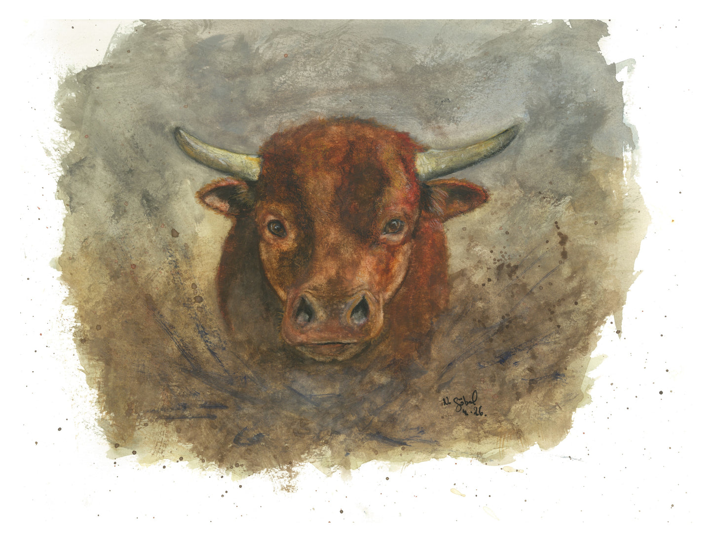 Fine Art Print Stier Aquarell Standhaft, Kunstdruck mit weißem Rand