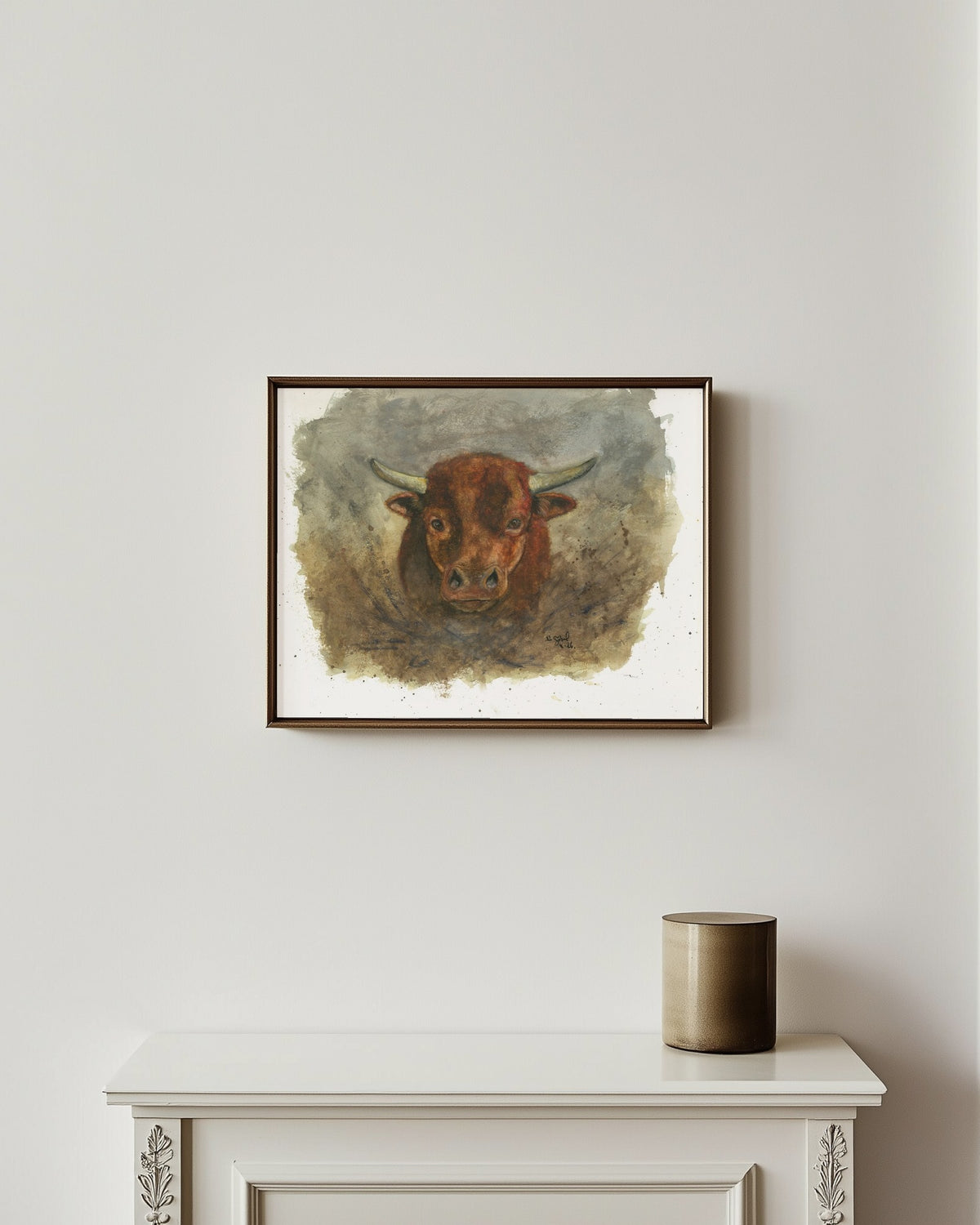 Fine Art Print nach dem Aquarell „Standhaft“ von Nicole Göbel im Rahmen an einer Wand, Raumansicht KI-generiert