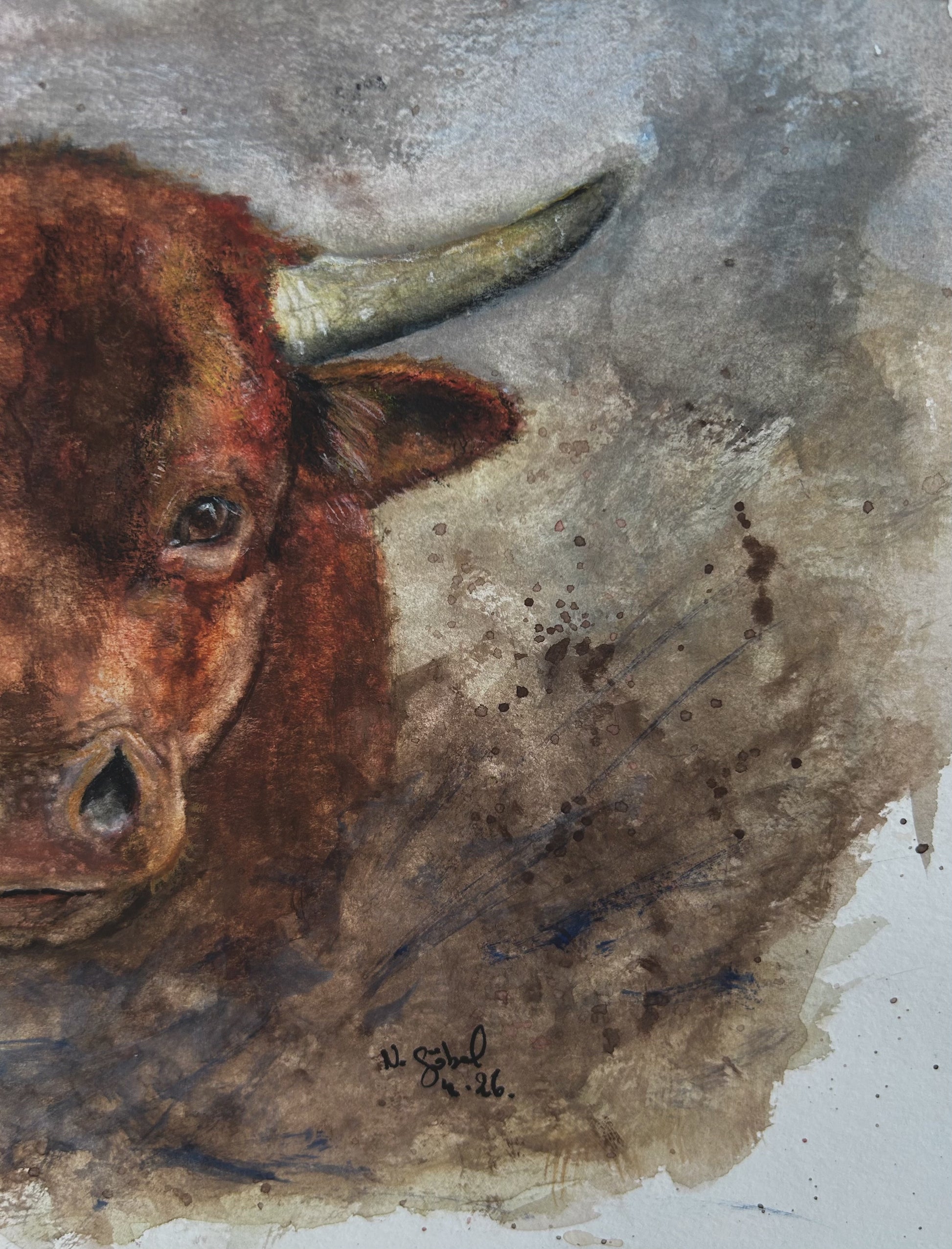 Detailaufnahme der Originalkunst Stier als Aquarell "Standhaft" von Nicole Göbel.