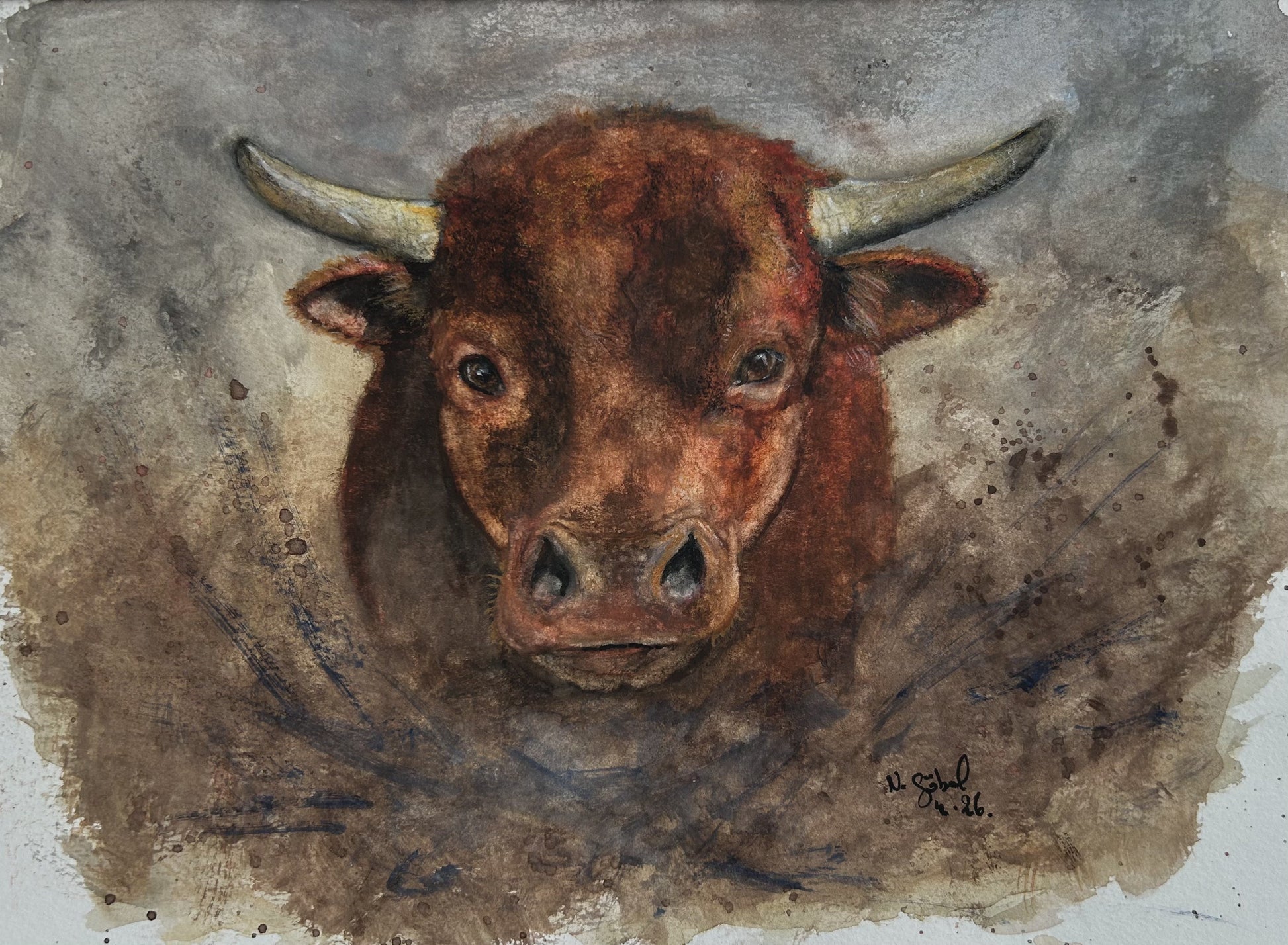Originalkunst Stier als Aquarell "Standhaft" von Nicole Göbel.