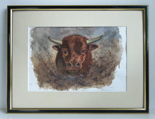 Originalkunst Stier als Aquarell "Standhaft" von Nicole Göbel im Rahmen.