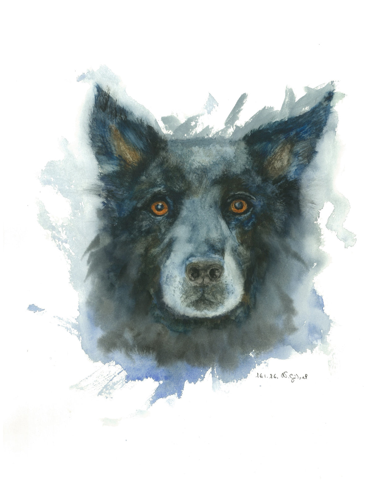 Fine Art Print nach dem Aquarell 
„Gefährte“ von Nicole Göbel: dunkler Hund, frontal
