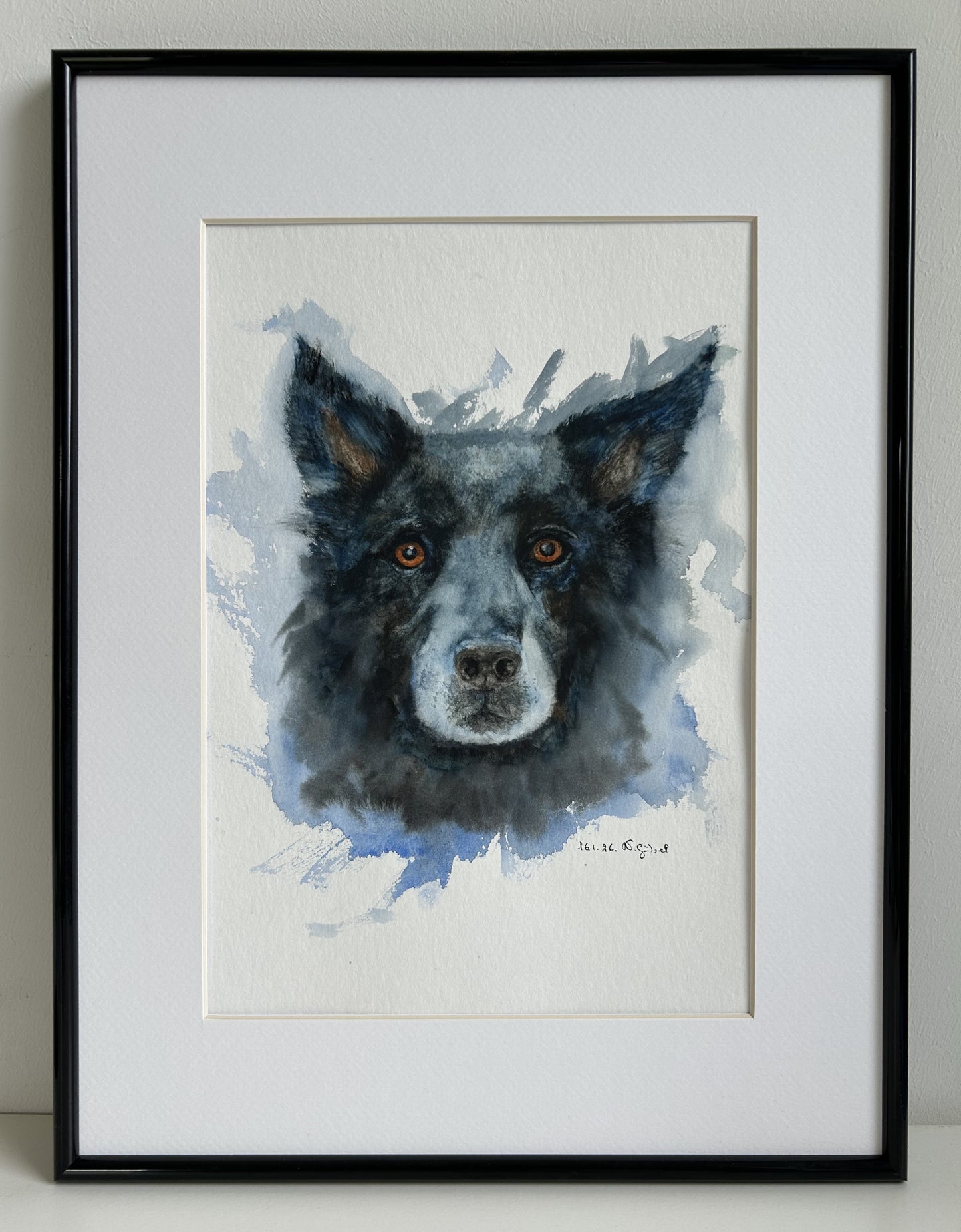 Originalkunst Hund als Aquarell "Gefährte" von Nicole Göbel im Rahmen.