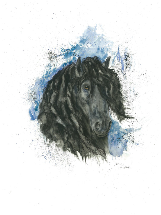Fine Art Print nach dem Aquarell
 „Würde“ von Nicole Göbel: schwarzes Friesenpferd im Kopfporträt