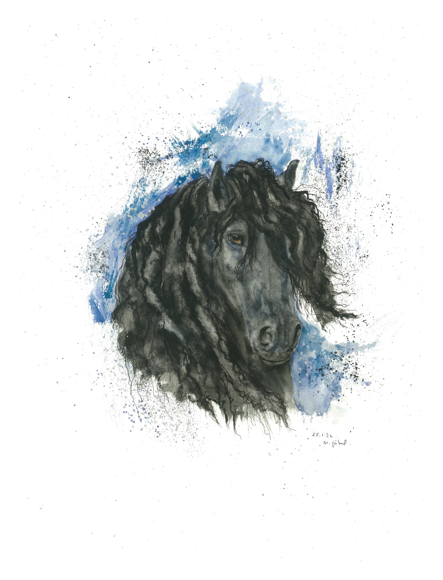 Fine Art Print Friese Pferd Aquarell Würde, Kunstdruck mit weißem Rand