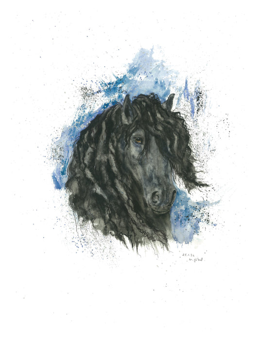 Fine Art Print Friese Pferd Aquarell Würde, Kunstdruck mit weißem Rand