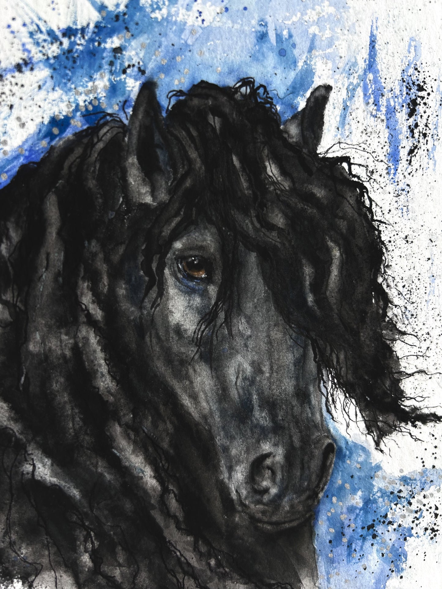 Detailaufnahme der Originalkunst Pferd als Friese im Aquarell "Würde" von Nicole Göbel.