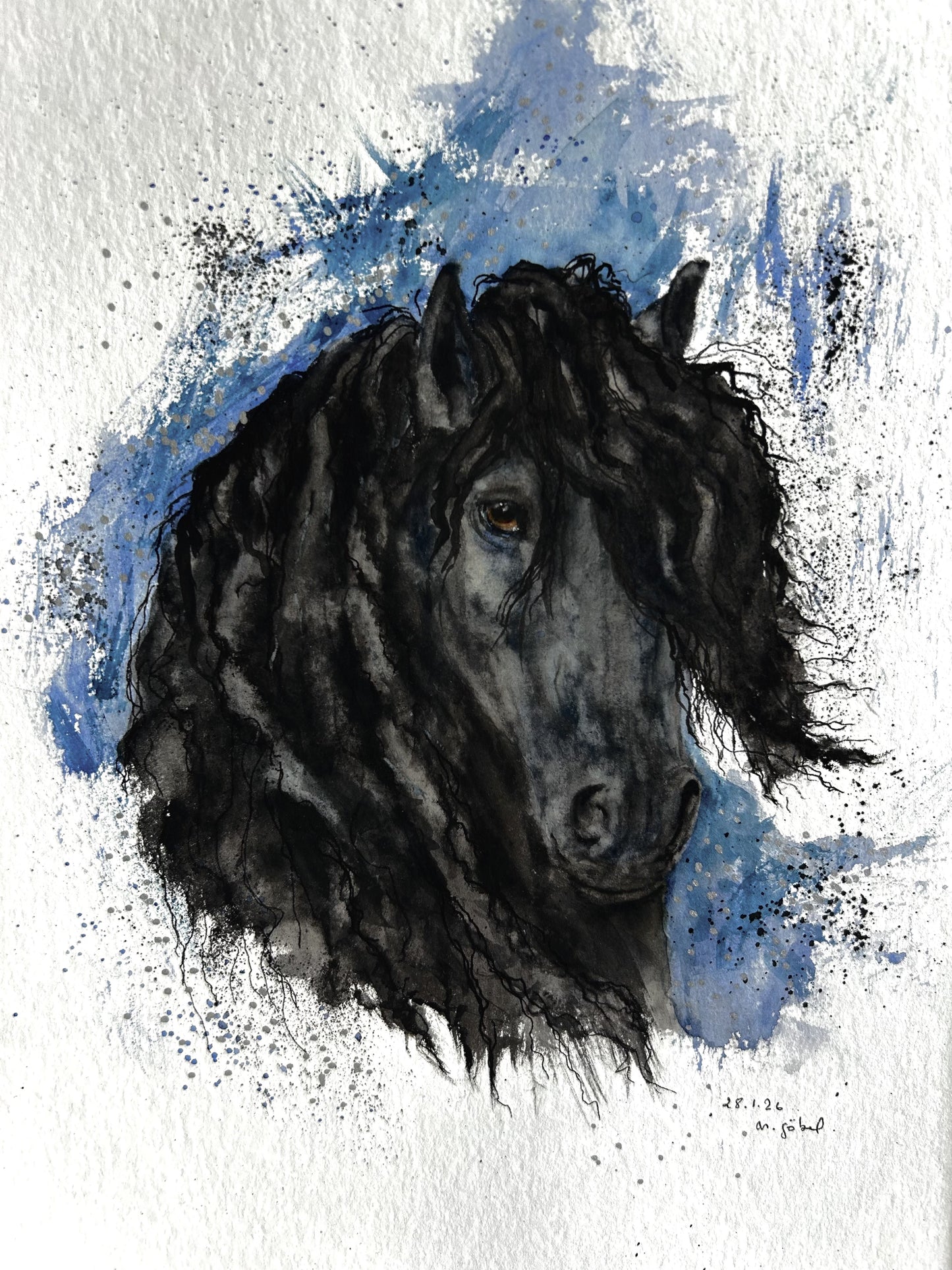 Originalkunst Pferd als Friese im Aquarell "Würde" von Nicole Göbel.