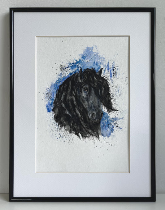 Originalkunst Pferd als Friese im Aquarell "Würde" von Nicole Göbel im Rahmen.
