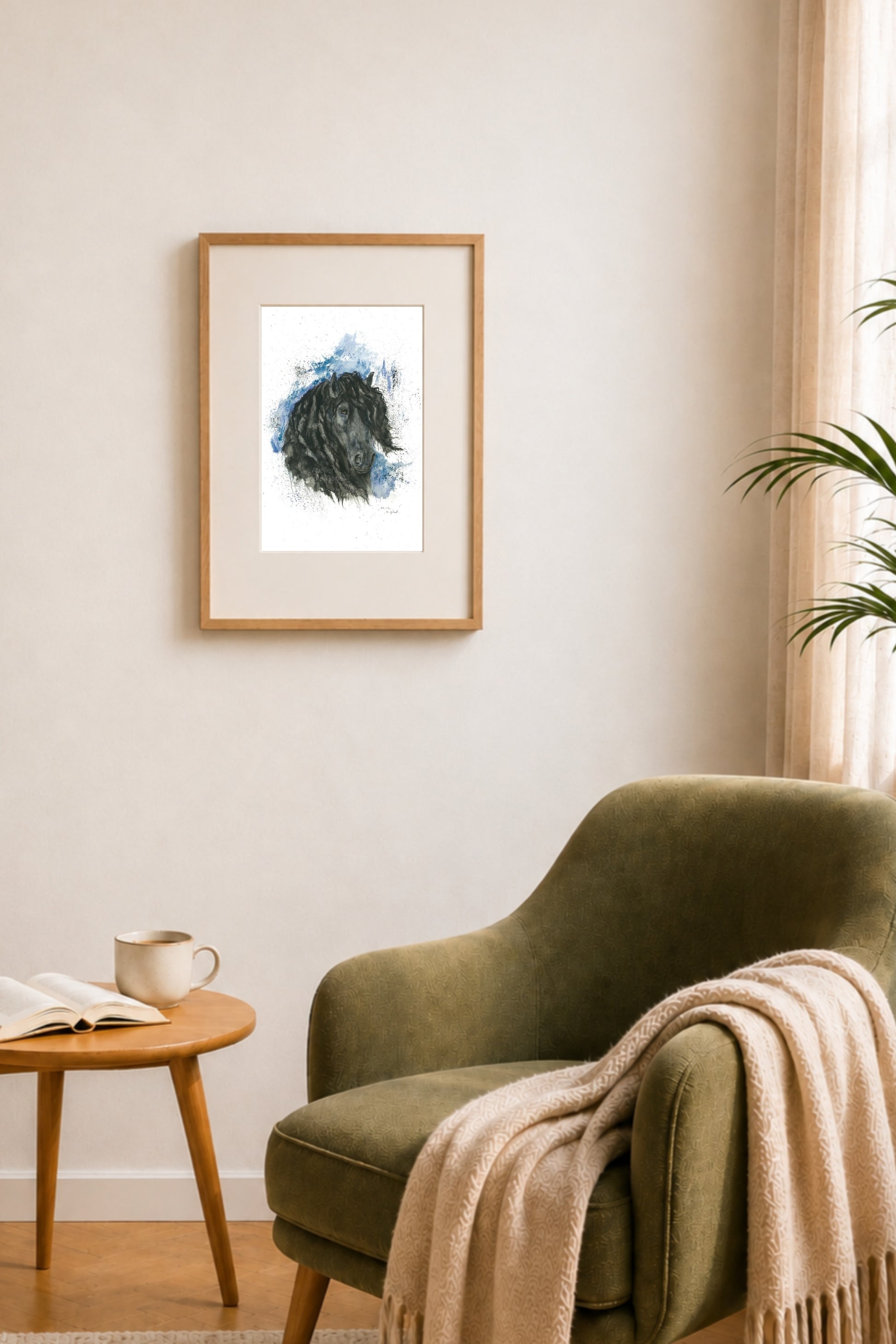 Fine Art Print "Würde" mit einem Friesenpferd von Nicole Göbel als Wandbild im Wohnraum.