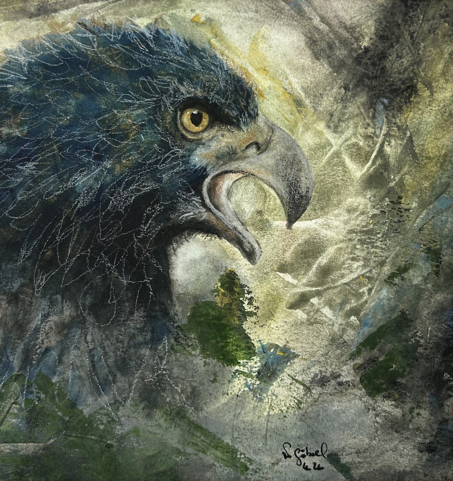 Detailaufnahme der Originalkunst Adler als Aquarell "Fokus" von Nicole Göbel.