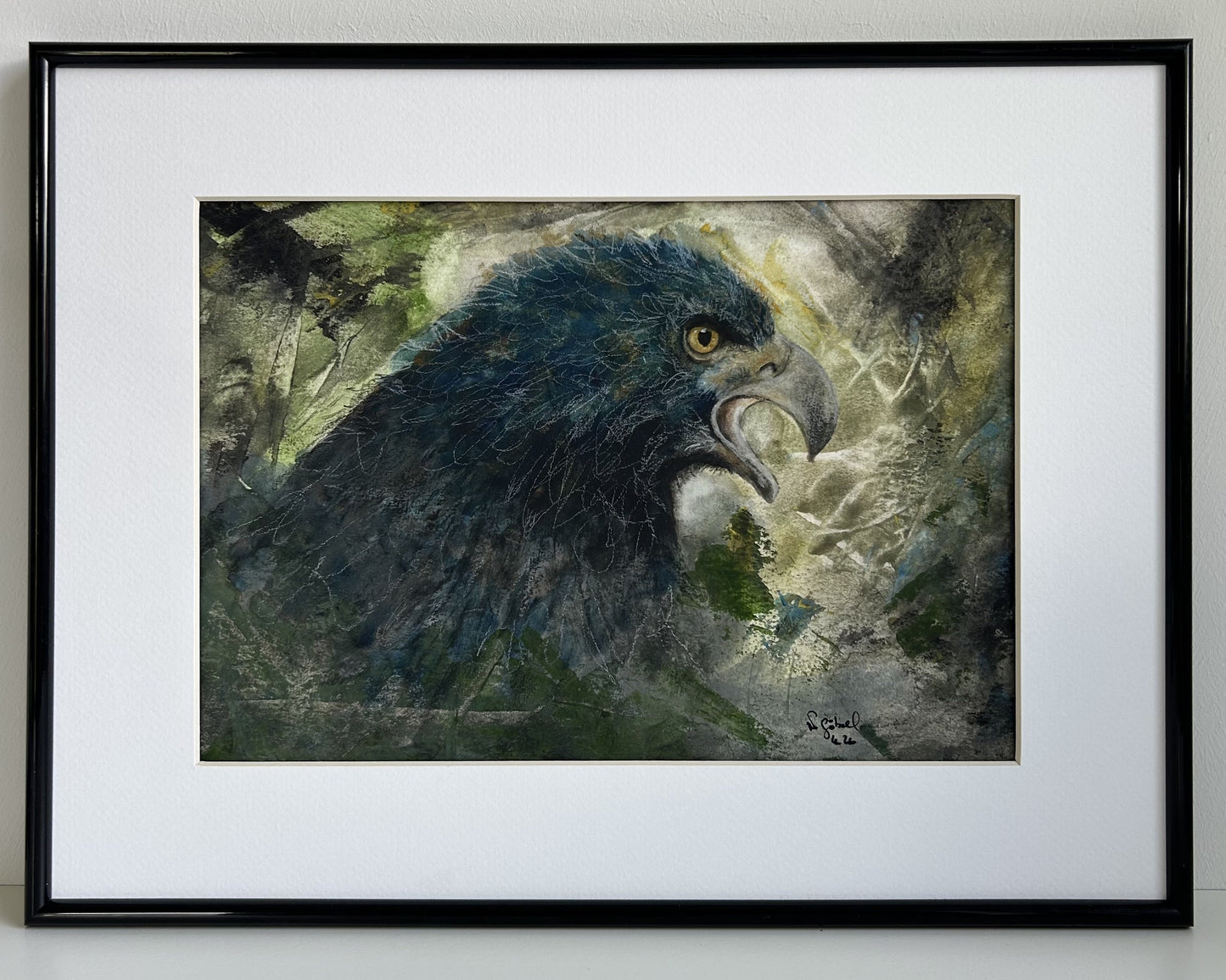 Originalkunst Adler als Aquarell "Fokus" von Nicole Göbel im Rahmen.