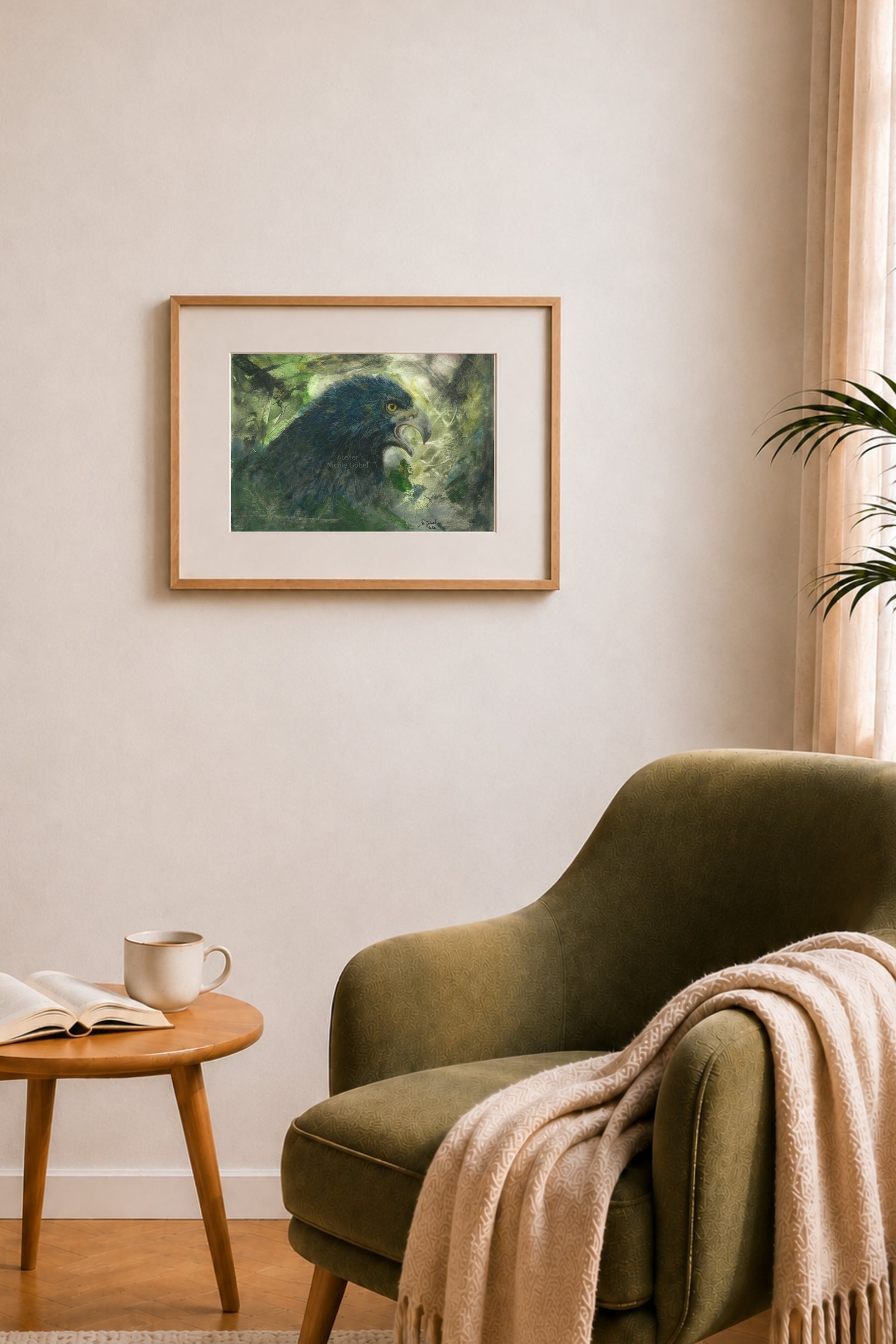 Fine Art Print "Fokus" mit Adler von Nicole Göbel als Wandbild im Wohnraum.