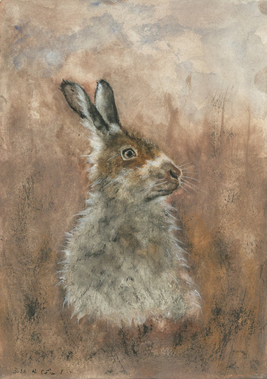 Fine Art Print nach dem Aquarell „Achtsamkeit“ von Nicole Göbel: Feldhase, frontal