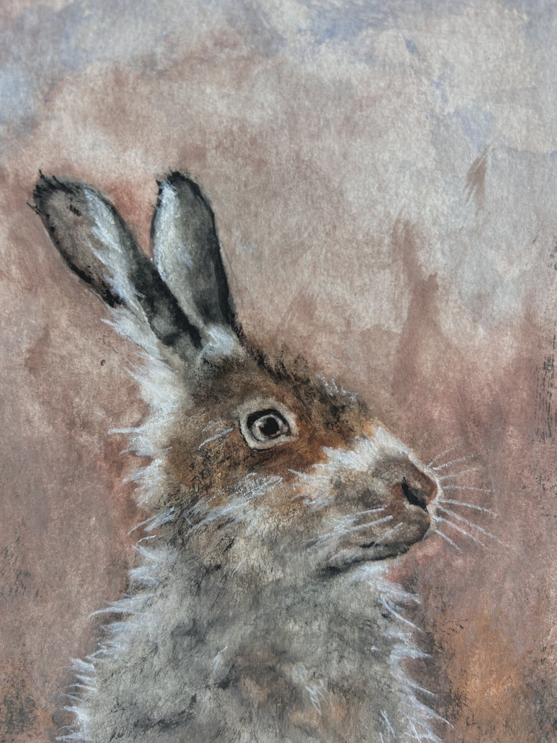 Detailaufnahme der Originalkunst Hase als Aquarell "Achtsamkeit" von Nicole Göbel.
