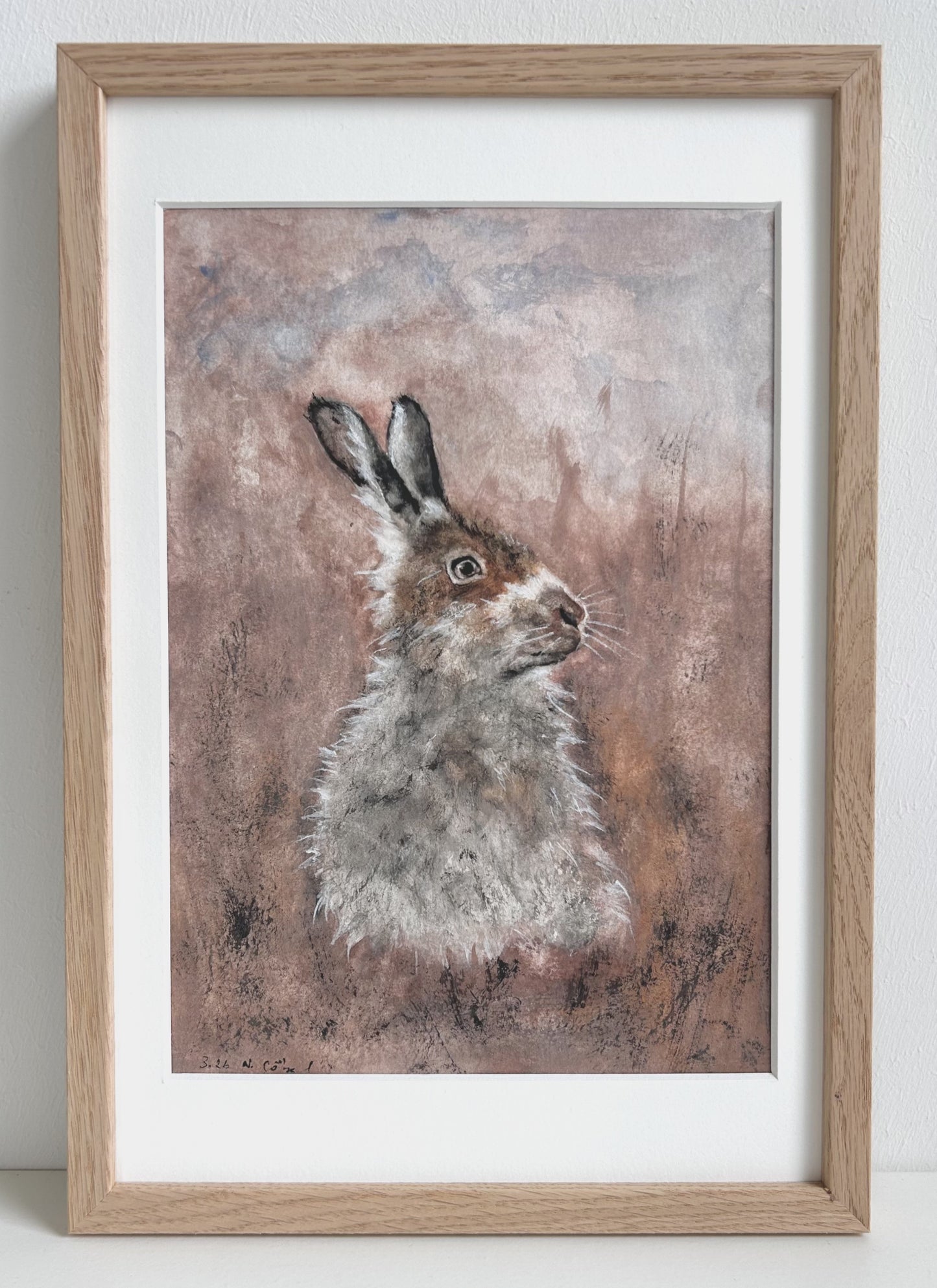 Originalkunst Hase als Aquarell "Achtsamkeit" von Nicole Göbel im Rahmen.