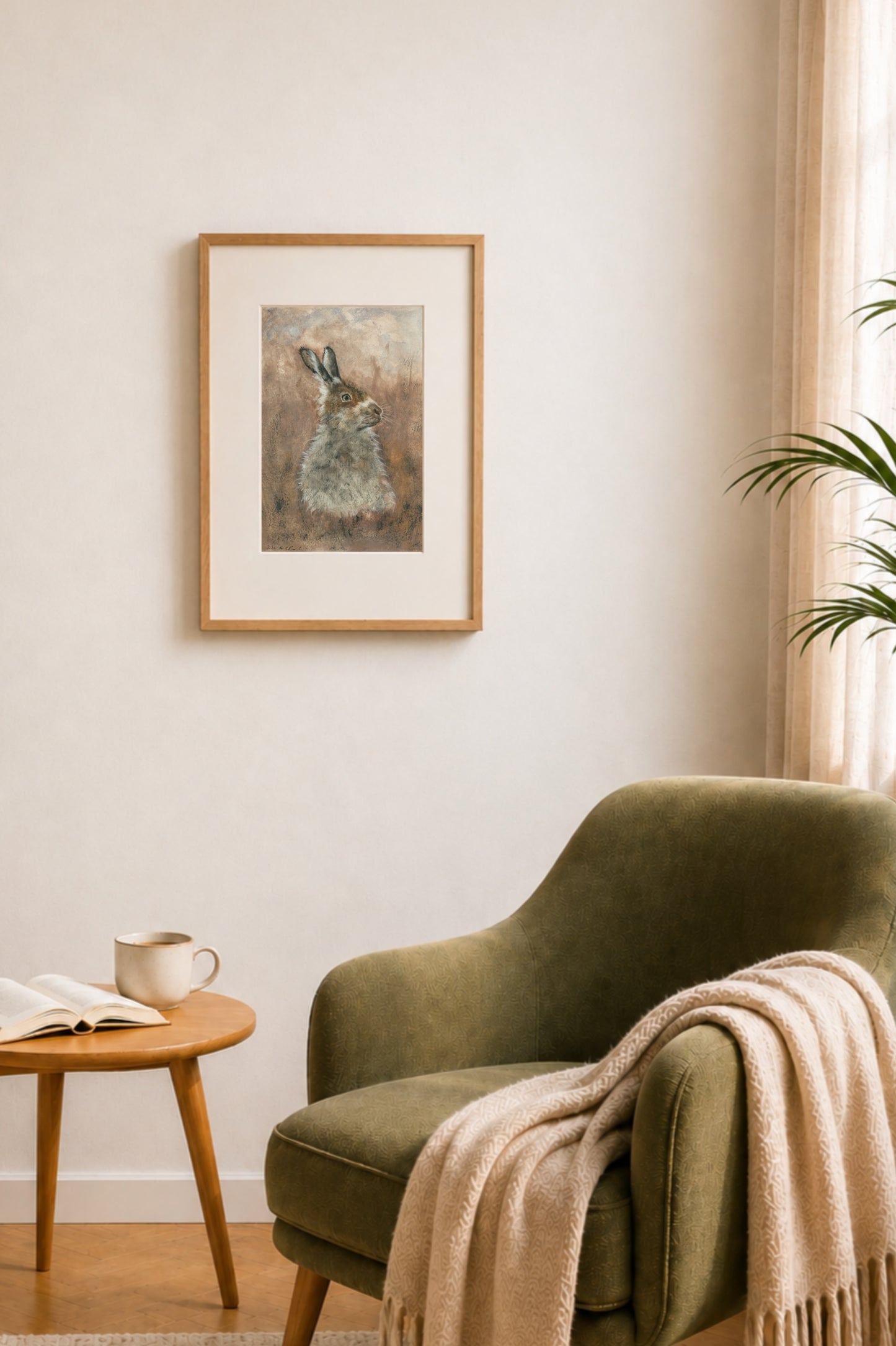 Fine Art Print "Achtsamkeit" mit Hase von Nicole Göbel als Wandbild im Wohnraum.