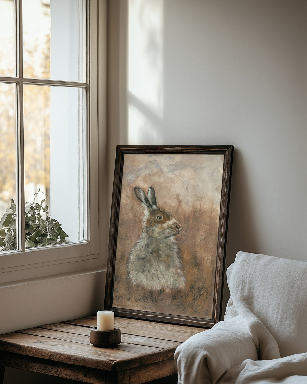 Fine Art Print nach dem Aquarell „Achtsamkeit“ von Nicole Göbel im Rahmen an einer Wand, Raumansicht KI-generiert