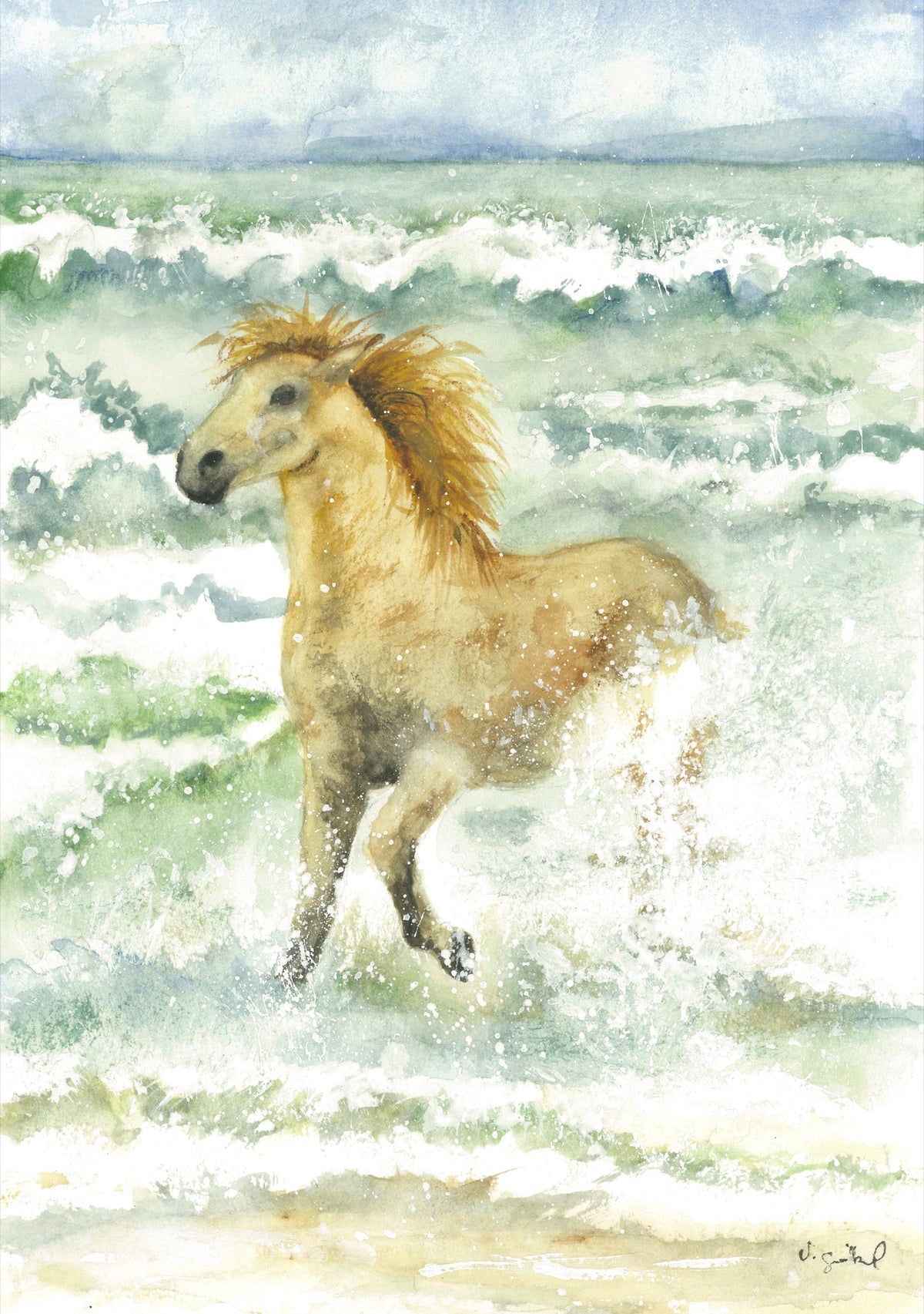 Fine Art Print nach dem Aquarell „Brandung“ von Nicole Göbel: Pferd in der Brandung des Meeres