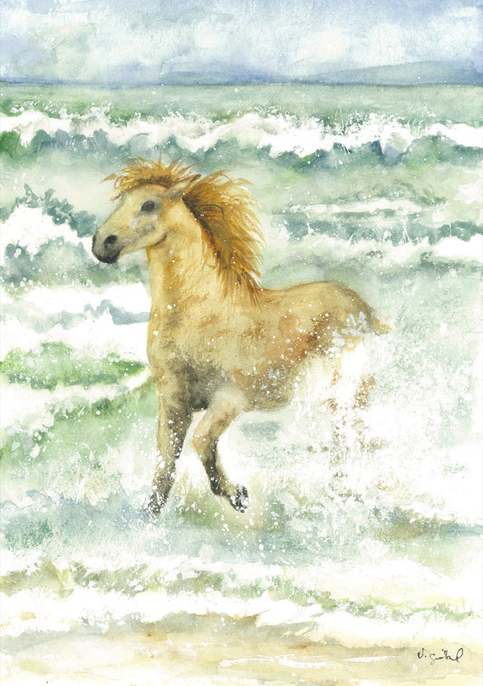 Fine Art Print nach dem Aquarell „Brandung“ von Nicole Göbel: Pferd in der Brandung des Meeres