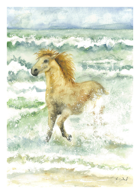 Fine Art Print Meer Pferd Aquarell Brandung, Kunstdruck mit weißem Rand