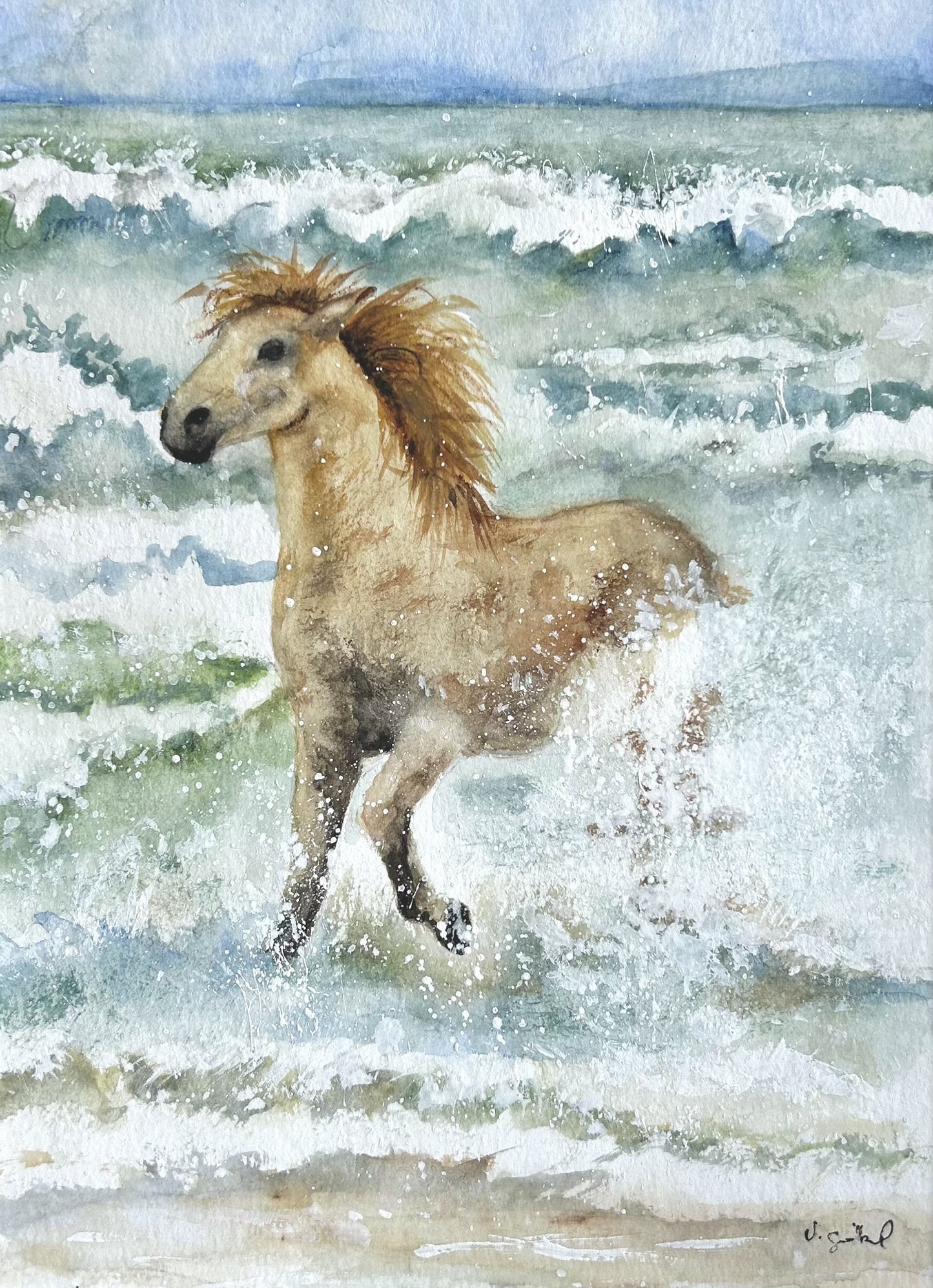Originalkunst Pferd im Meer als Aquarell "Brandung" von Nicole Göbel.