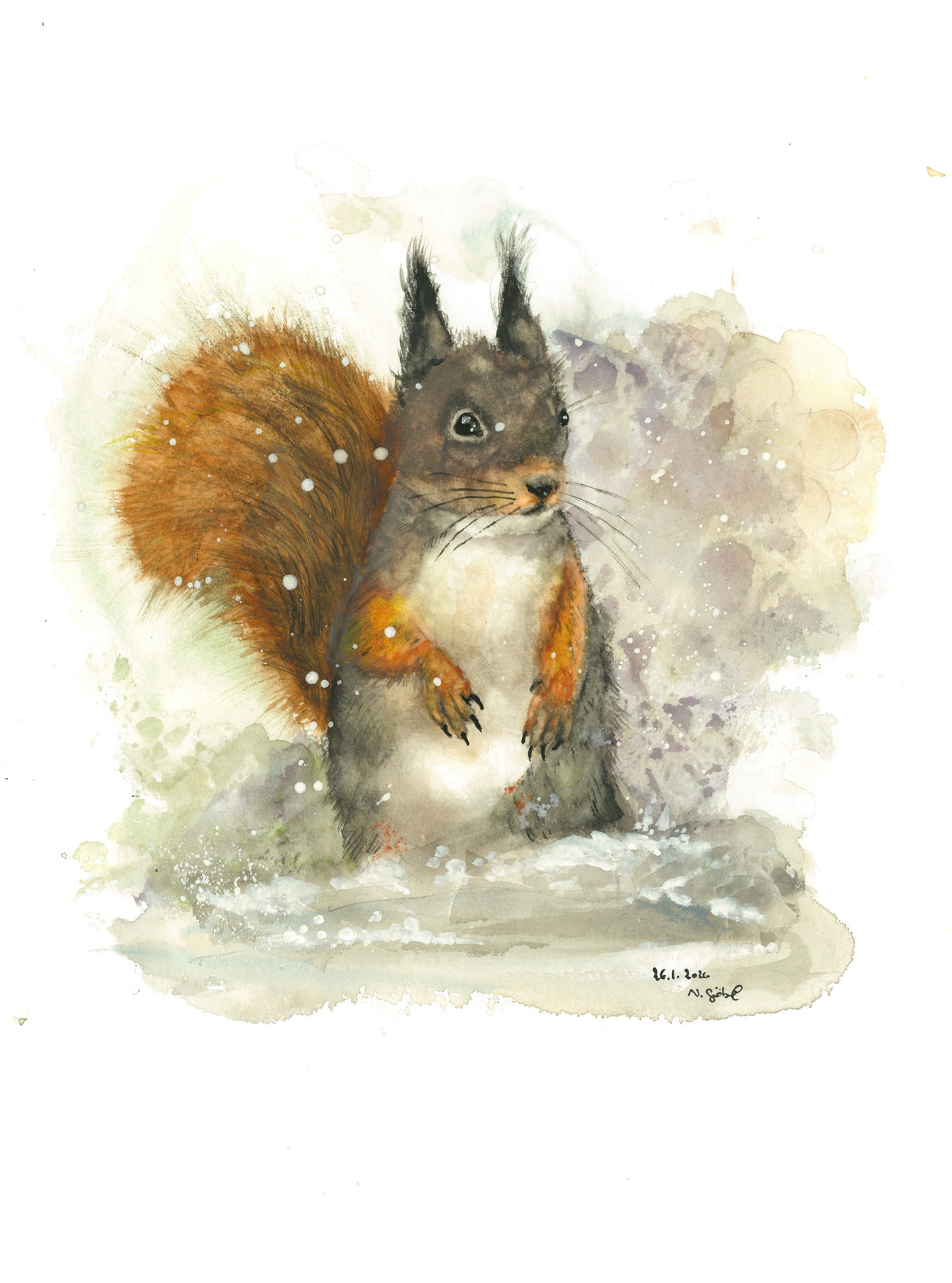 Fine Art Print nach dem Aquarell „Augenblick“ von Nicole Göbel: Eichhörnchen in Schneelandschaft