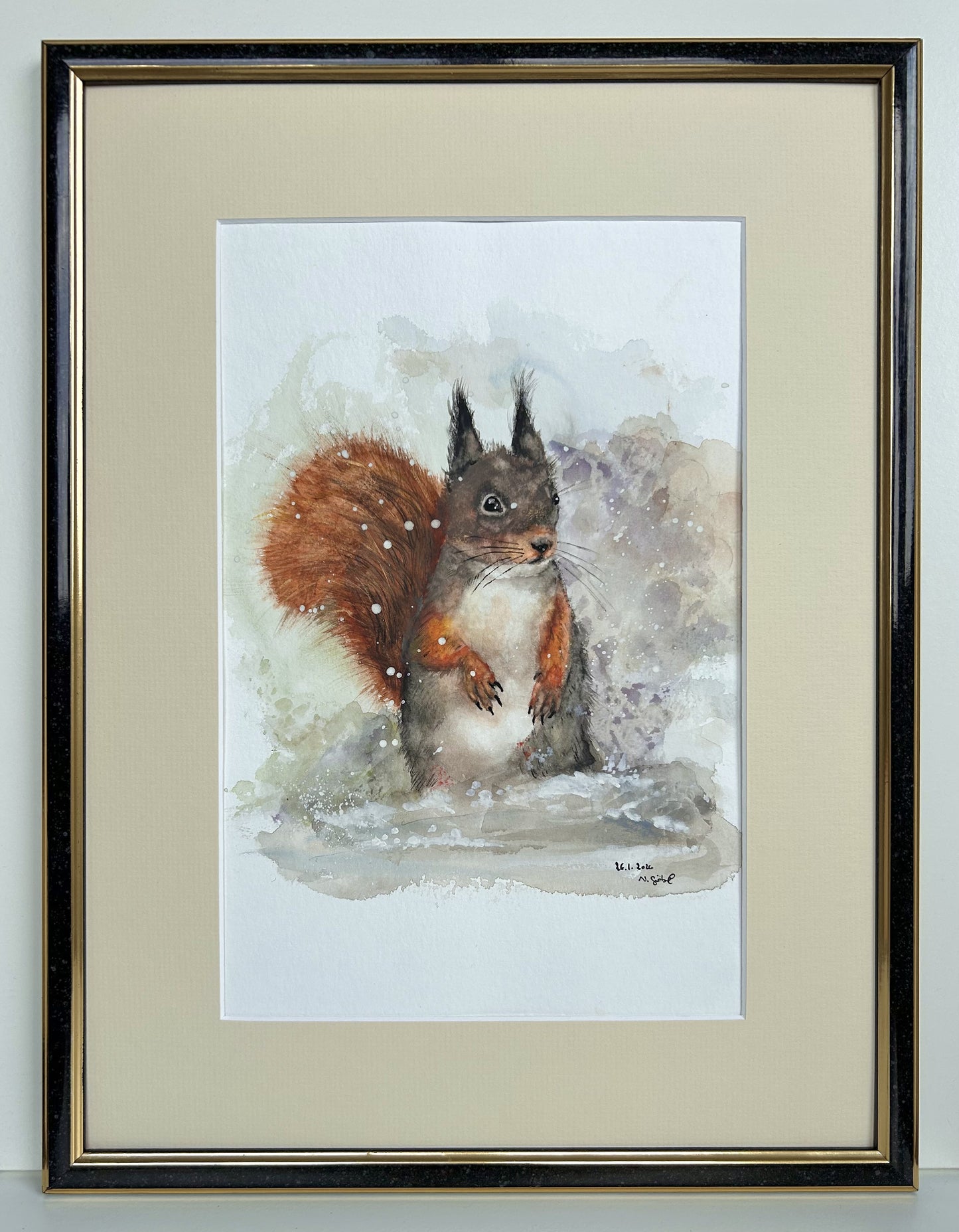 Originalkunst Eichhörnchen als Aquarell "Augenblick" von Nicole Göbel im Rahmen.