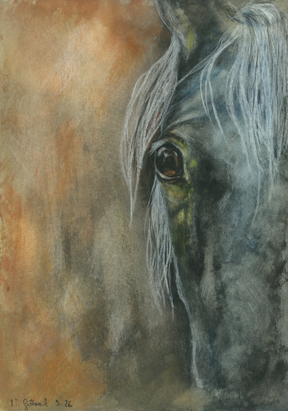 Fine Art Print nach dem Aquarell „Begegnung“ von Nicole Göbel: weißes Pferd, frontal, angeschnittener Kopf