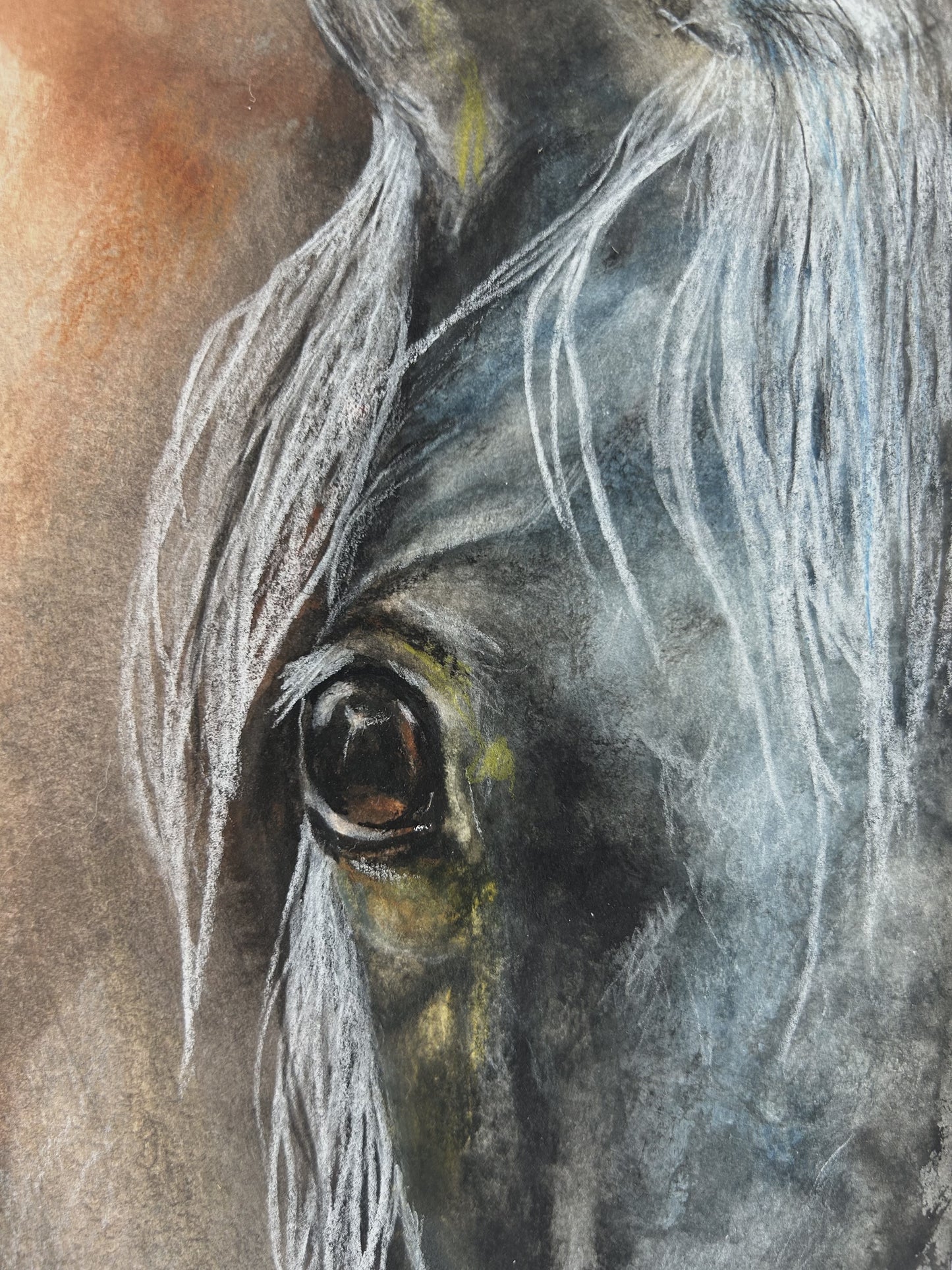 Detailaufnahme der Originalkunst Pferd als Schimmel im Aquarell "Begegnung" von Nicole Göbel.