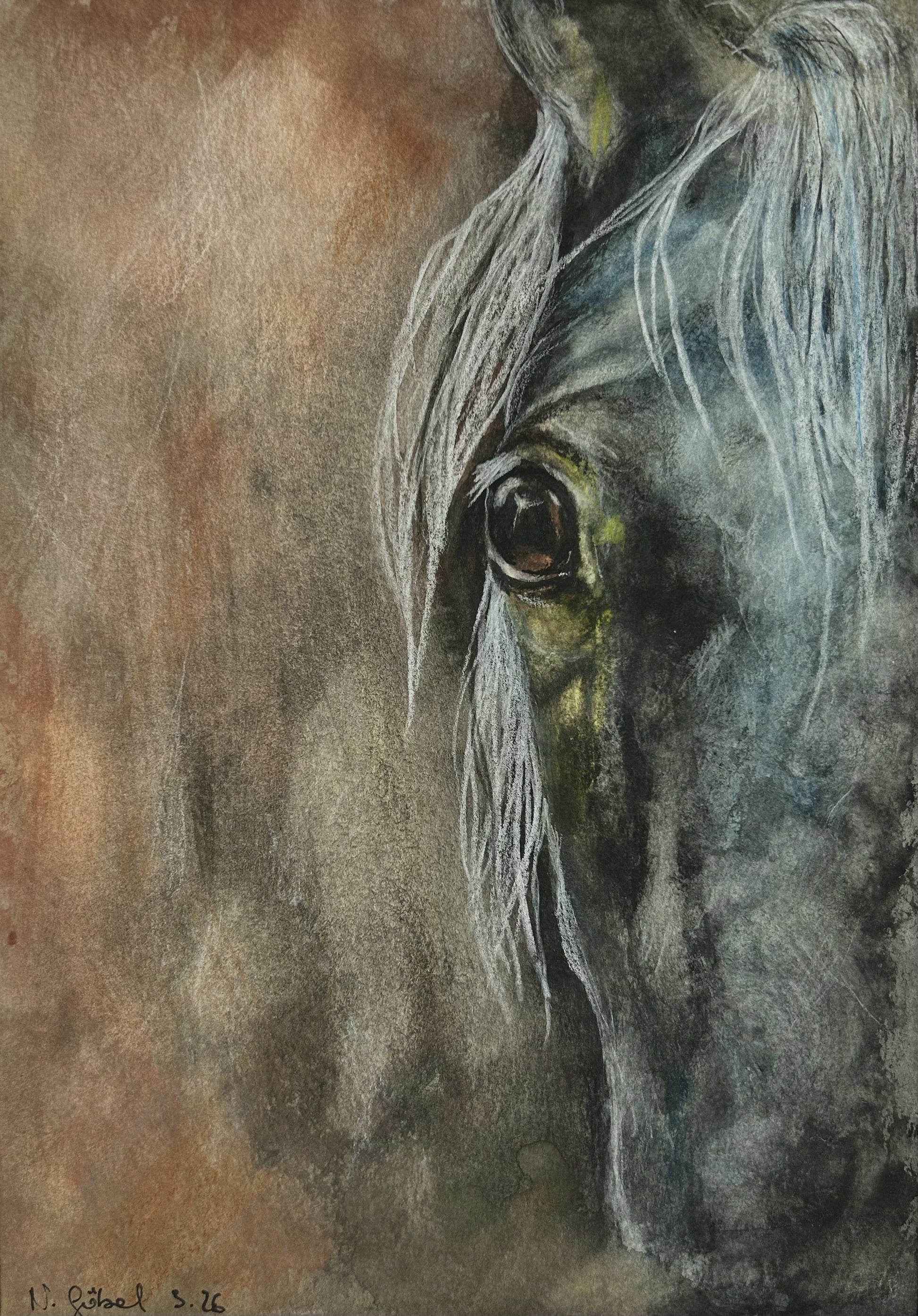 Originalkunst Pferd als Schimmel im Aquarell "Begegnung" von Nicole Göbel.