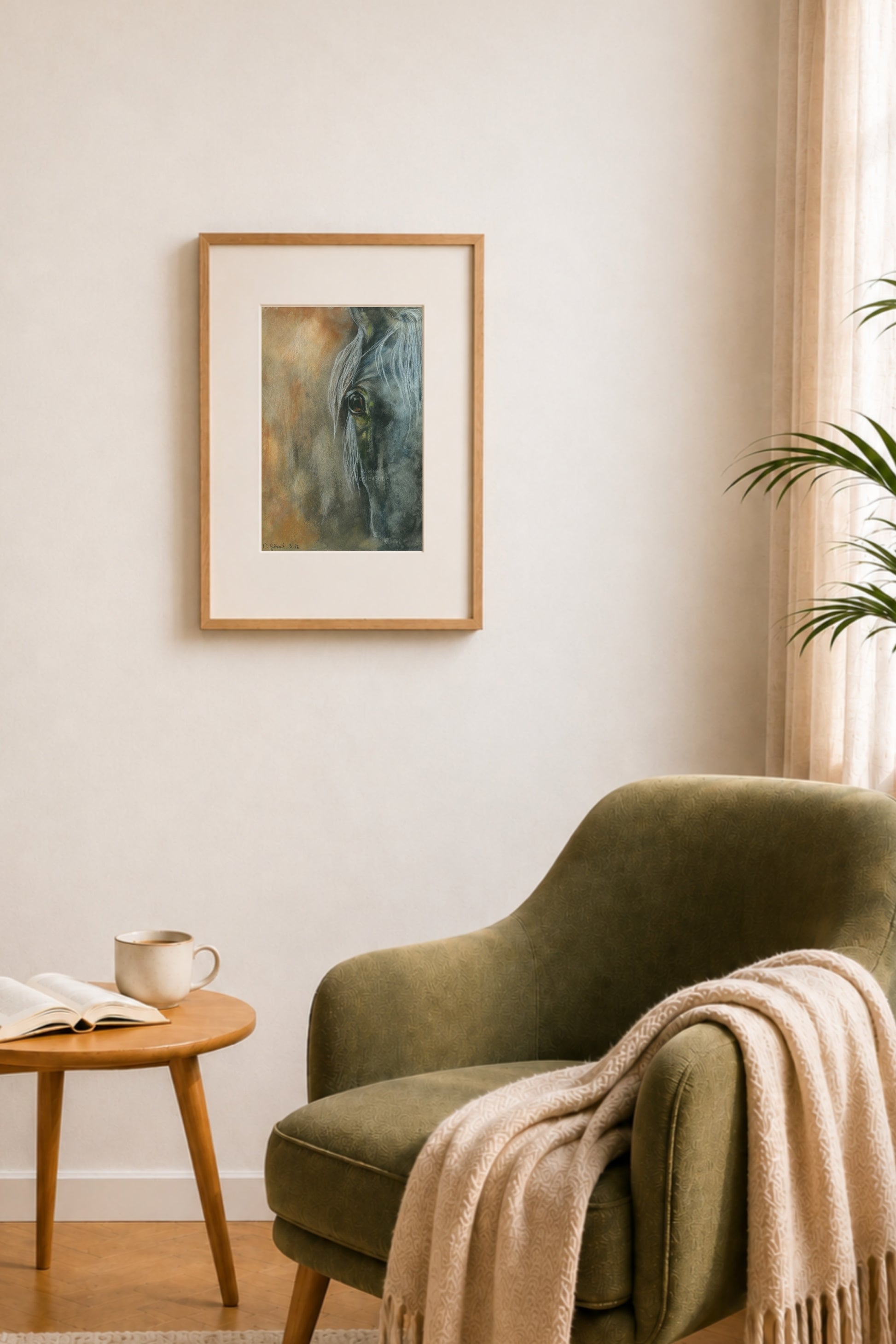 Fine Art Print "Begegnung" mit einem Schimmel von Nicole Göbel als Wandbild im Wohnraum.