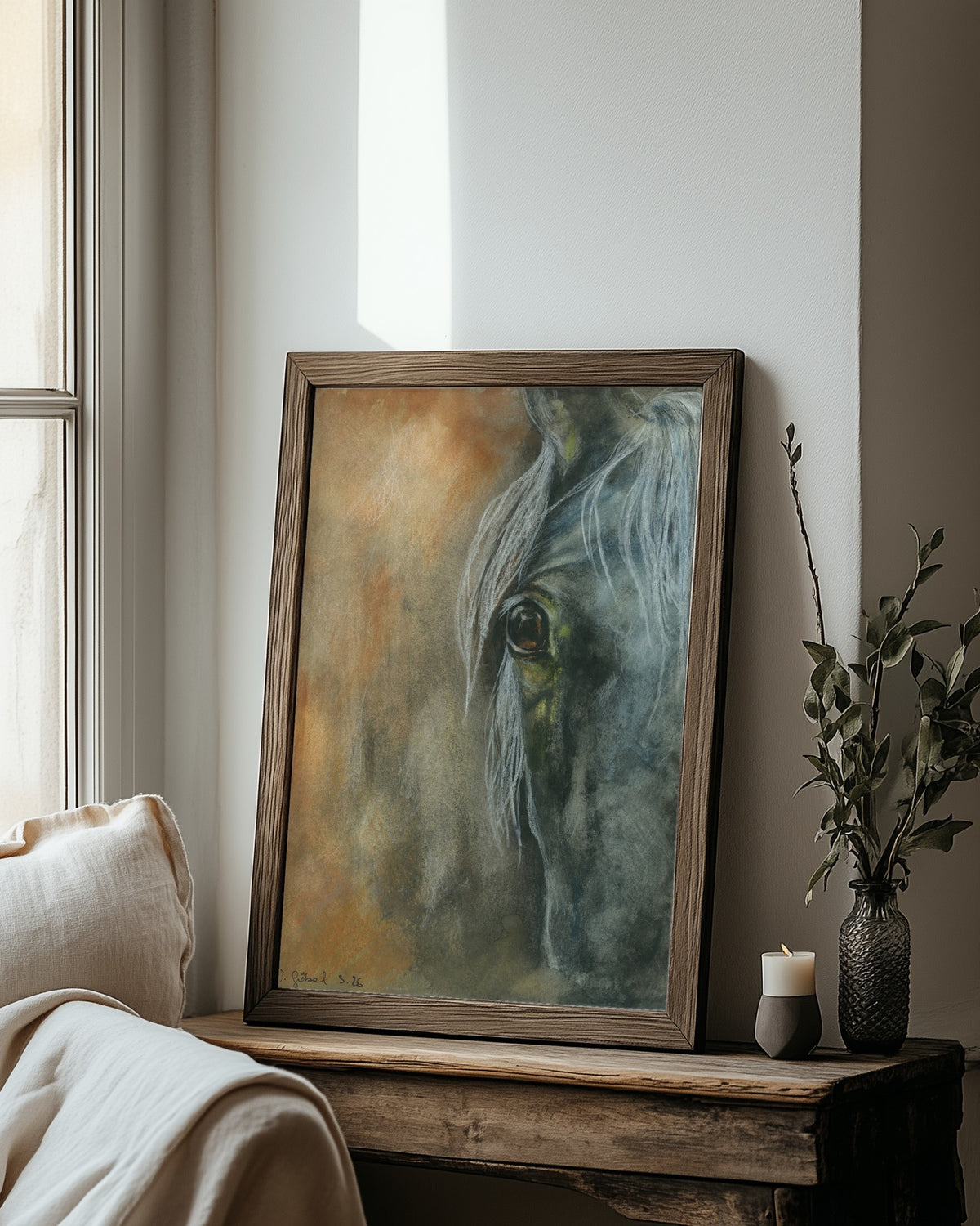 Fine Art Print nach dem Aquarell „Begegnung“ von Nicole Göbel im Rahmen an einer Wand, Raumansicht KI-generiert