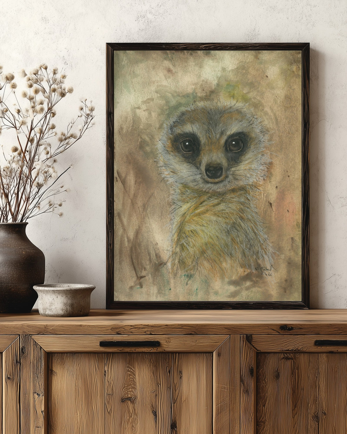 Fine Art Print nach dem Aquarell 
„Verlass“ von Nicole Göbel im Rahmen an einer Wand, Raumansicht KI-generiert
