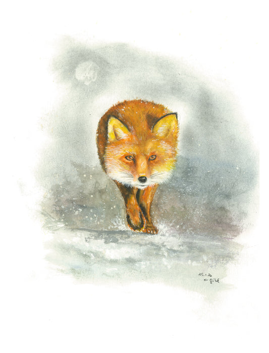 Fine Art Print Fuchs Aquarell "Bedacht", Kunstdruck mit weißem Rand