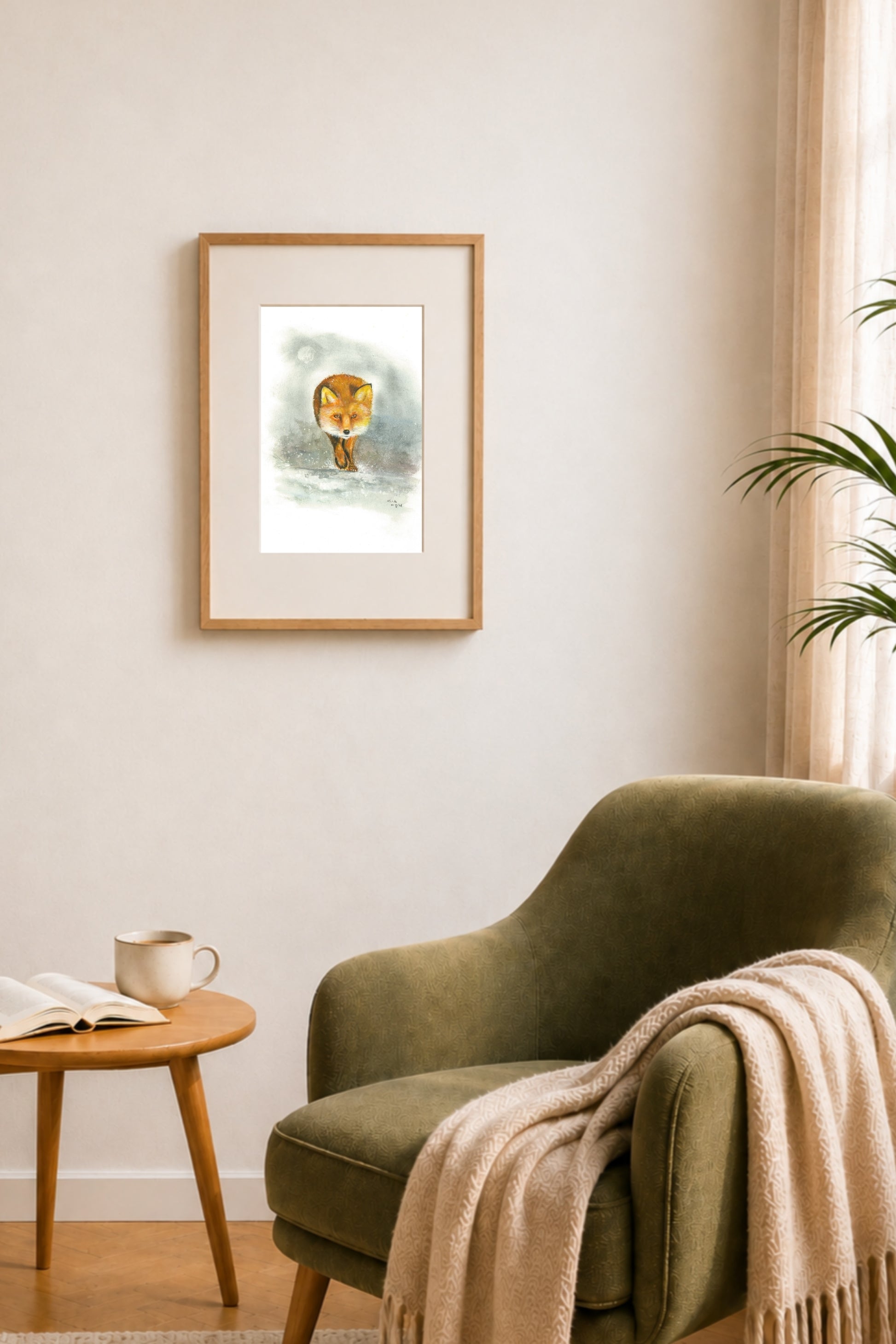 Fine Art Print "Bedacht" mit Fuchs von Nicole Göbel als Wandbild im Wohnraum.