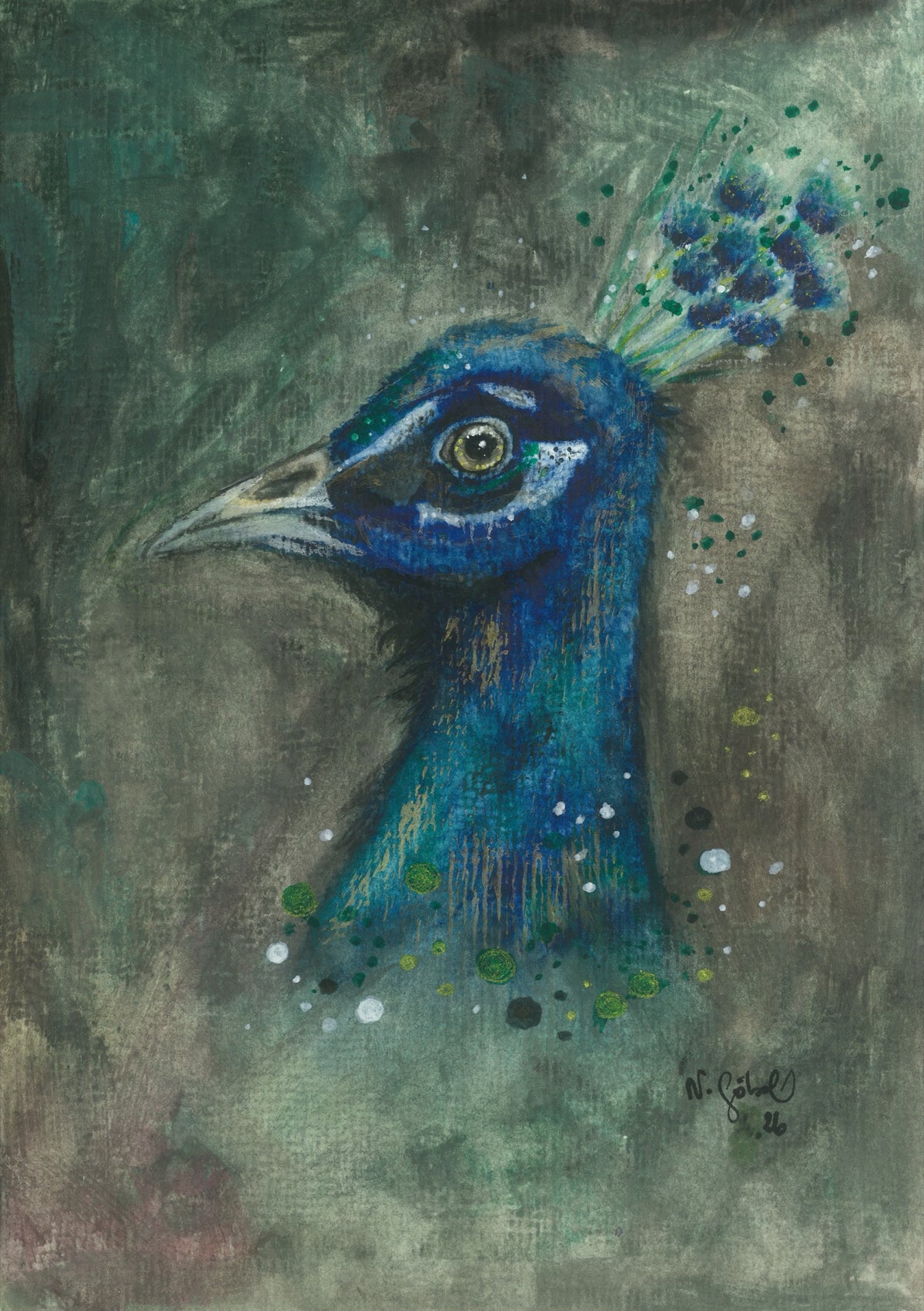 Fine Art Print nach dem Aquarell 
„Präsenz“ von Nicole Göbel: Pfau, Kopf und Hals in leuchtendem Blau